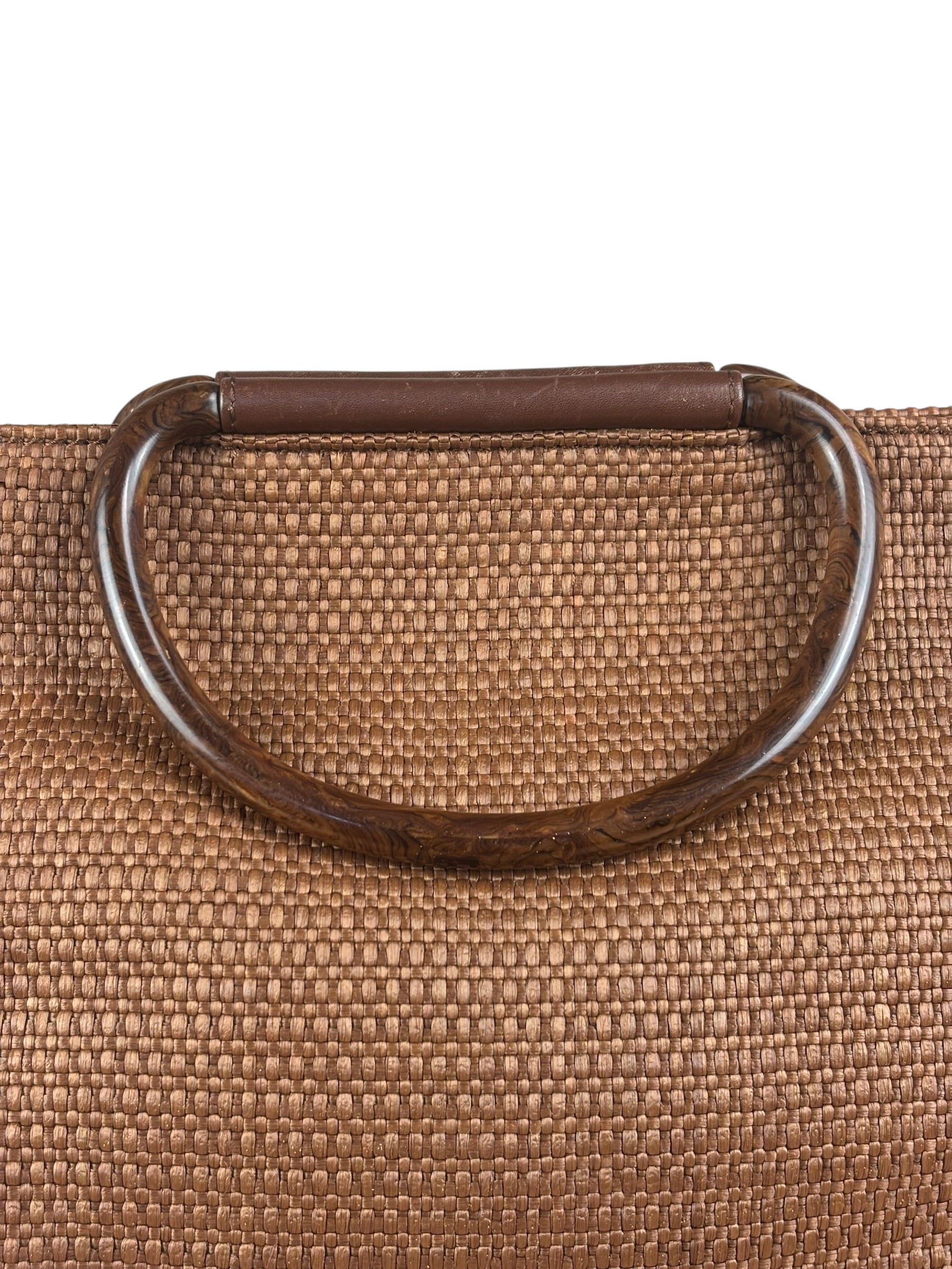 Chanel Vintage Brown Woven Straw Raffia Wooden Top Handle Handbag 2001