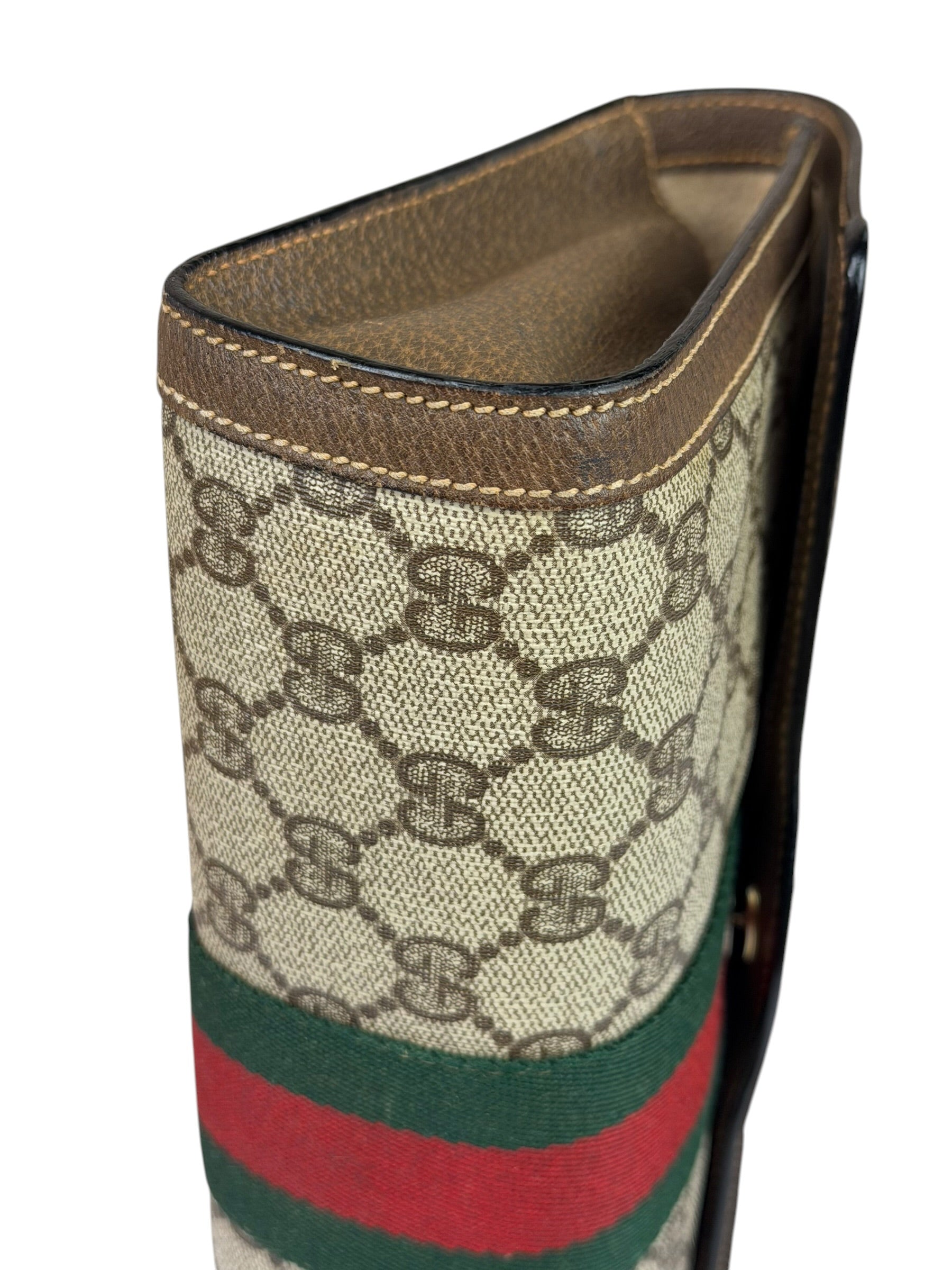 Gucci Brown Leather GG Supreme Web Stripe Clutch