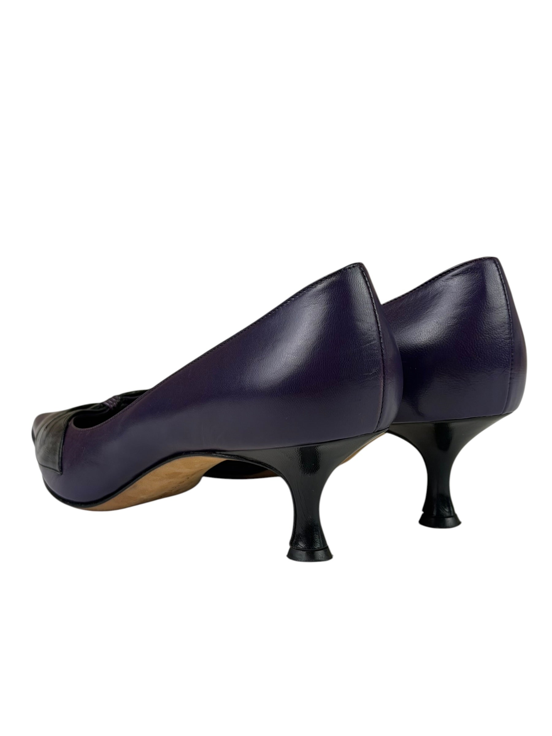 Manolo Blahnik Purple/Black Bow Kitten Heels