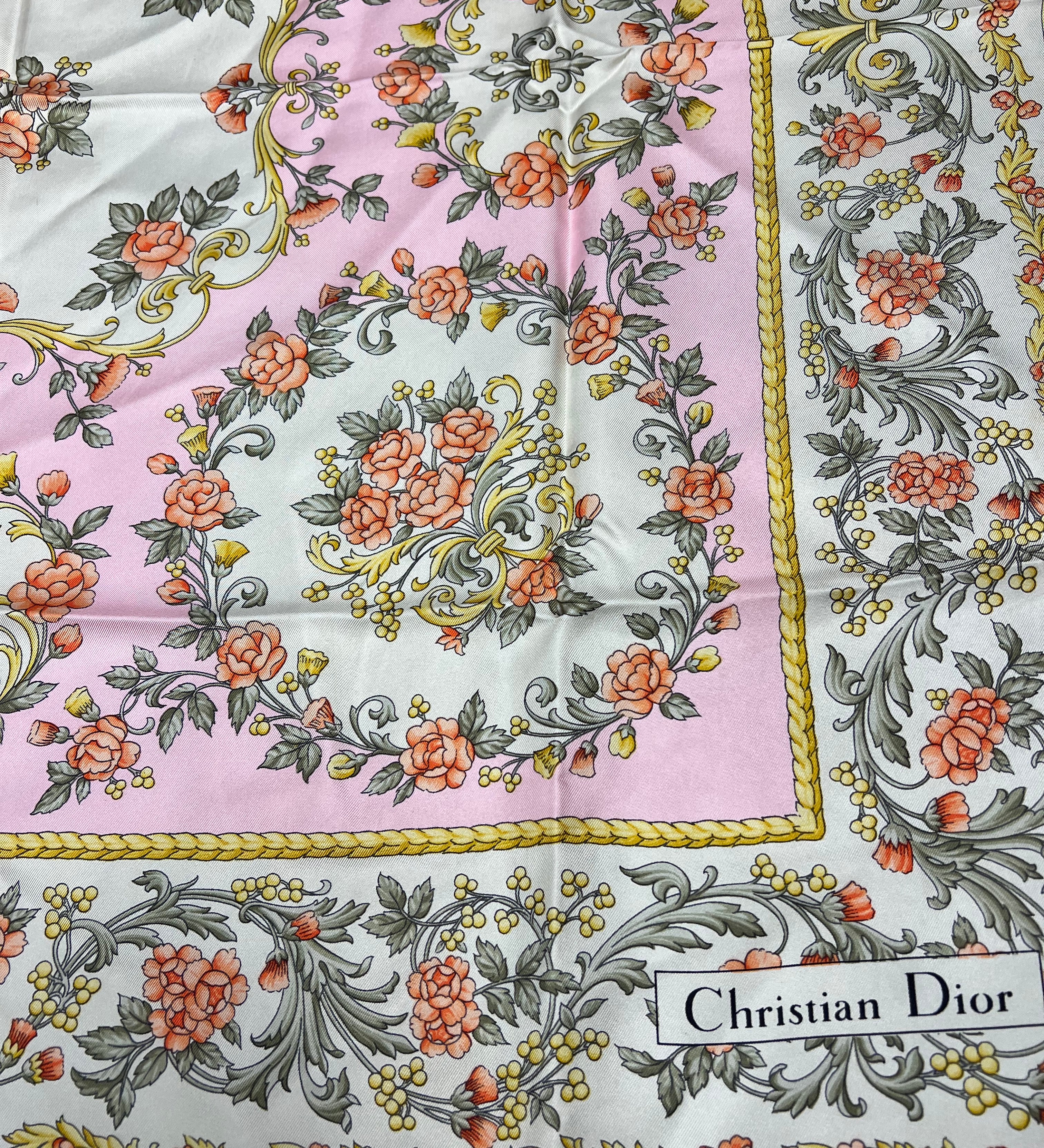 Christian Dior Baby Pink Flower Pattern Silk Scarf
