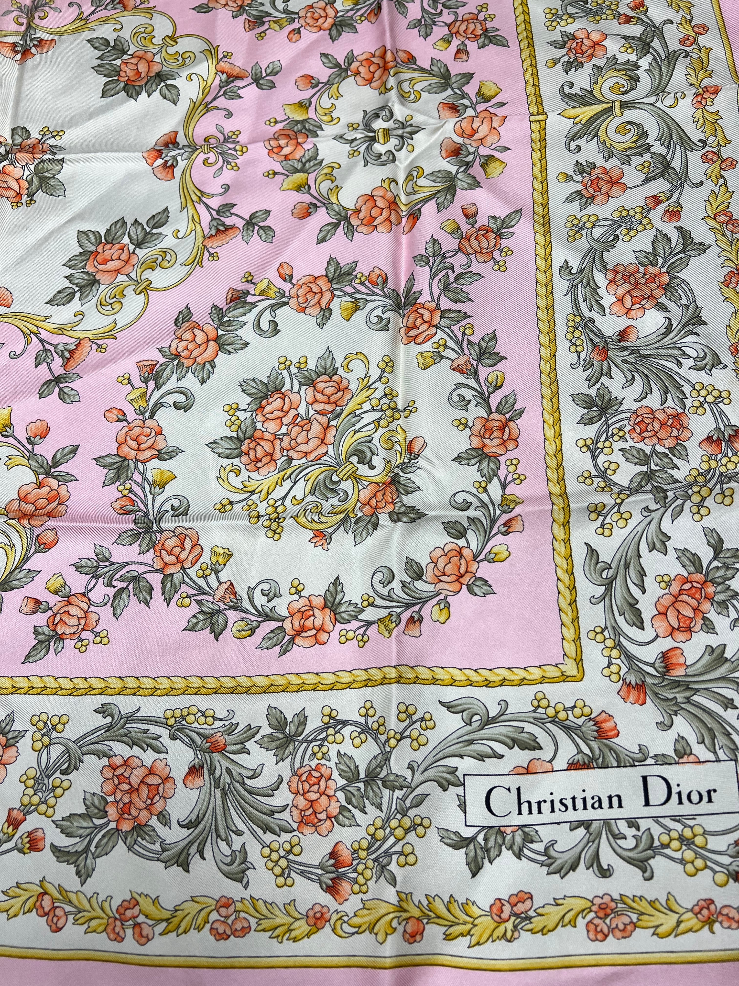 Christian Dior Baby Pink Flower Pattern Silk Scarf