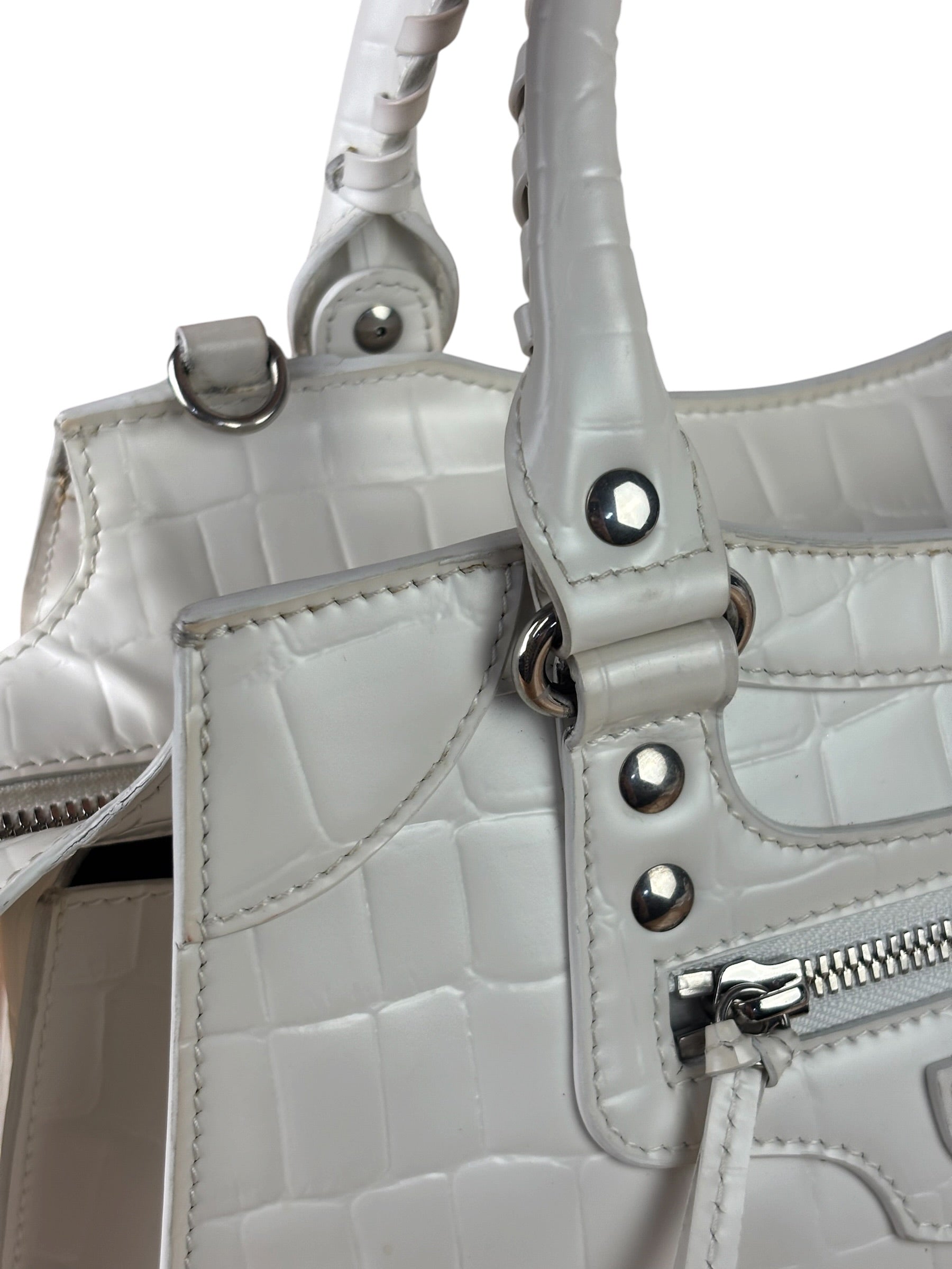 Balenciaga White Crocodile-Embossed Leather Two-Way Bag