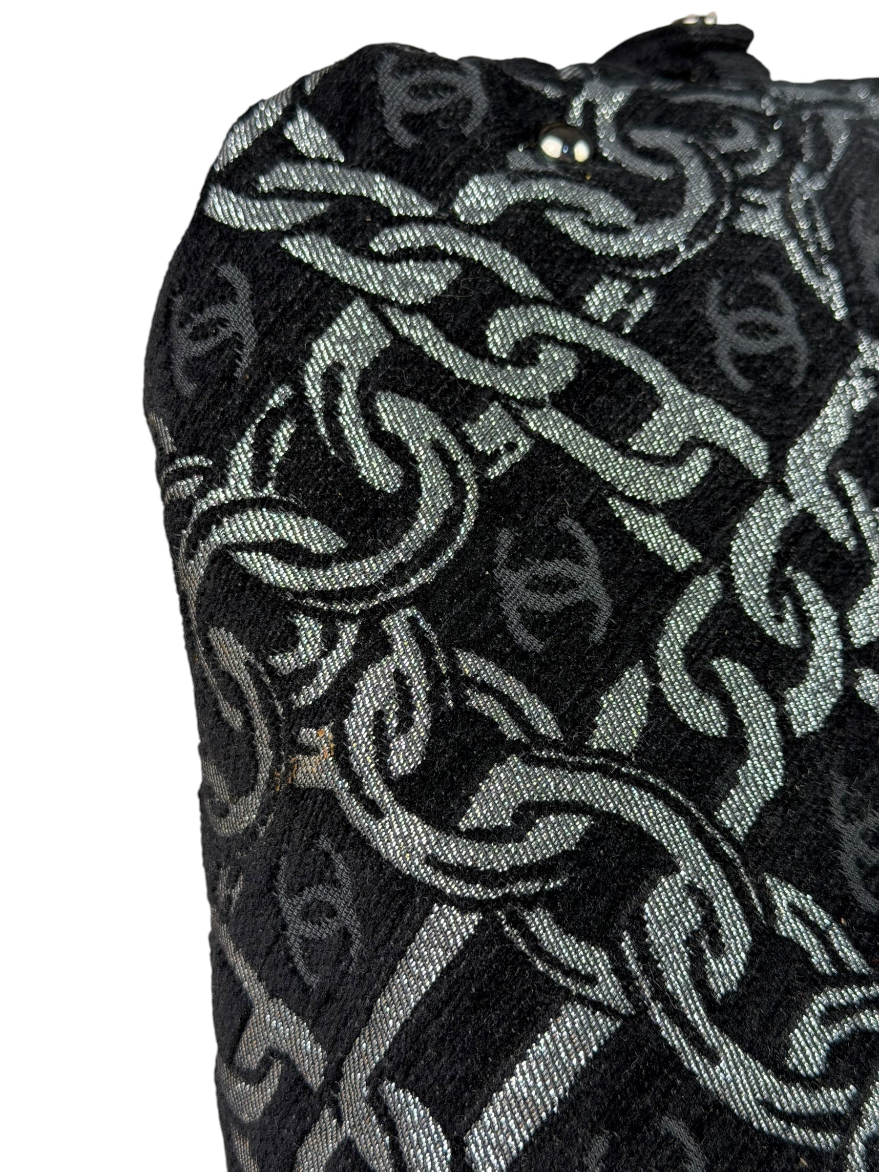 Chanel Black CC Jacquard Chain Silver Metallic Bowler Handbag 2005