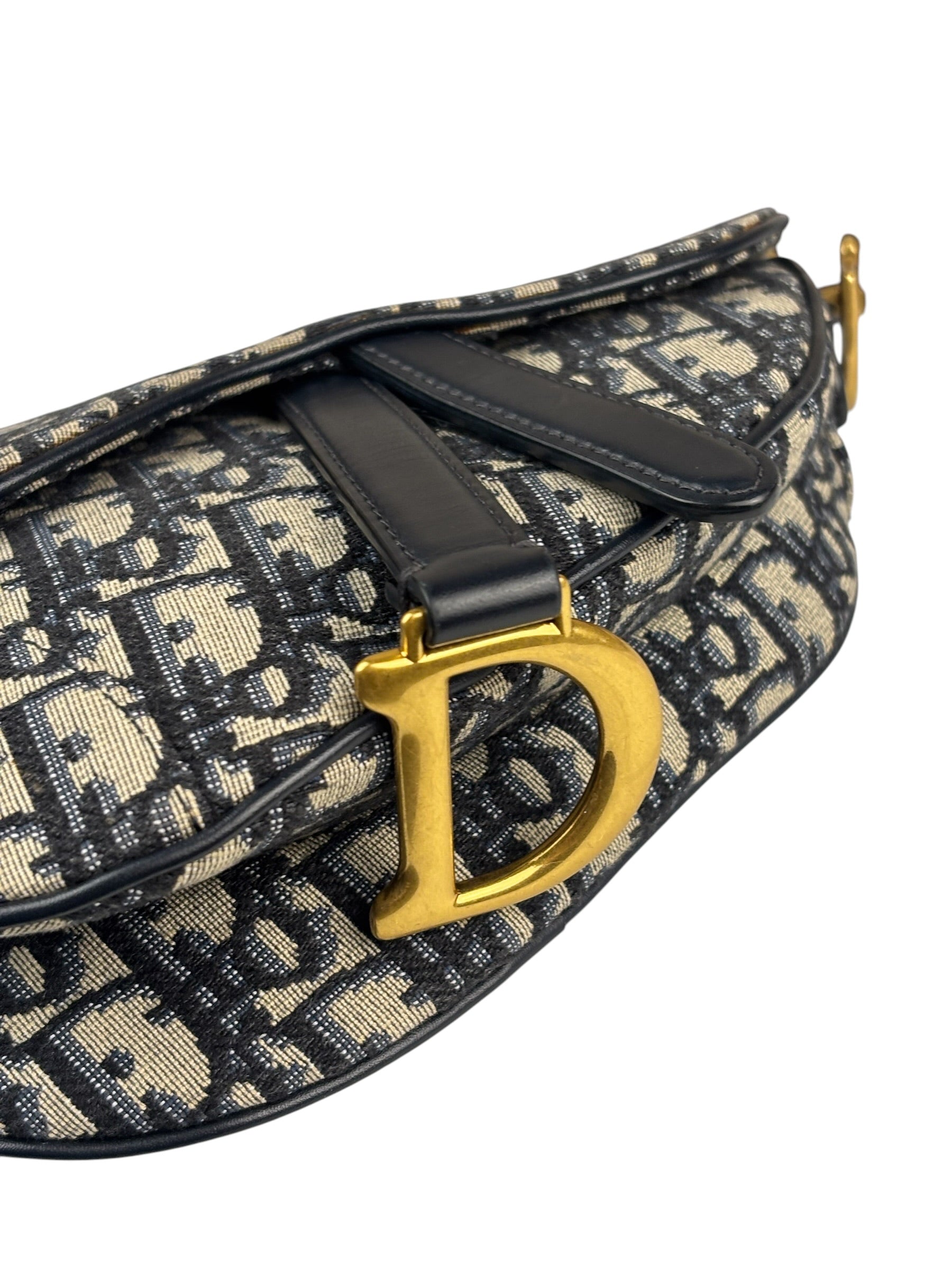 Christian Dior Navy Leather Trim Oblique Saddle Handbag