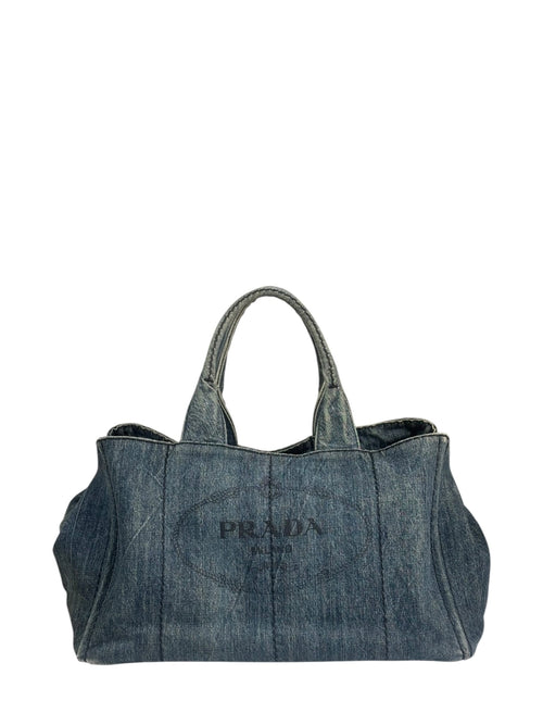 Prada Blue Denim Canapa Logo Large Tote Bag