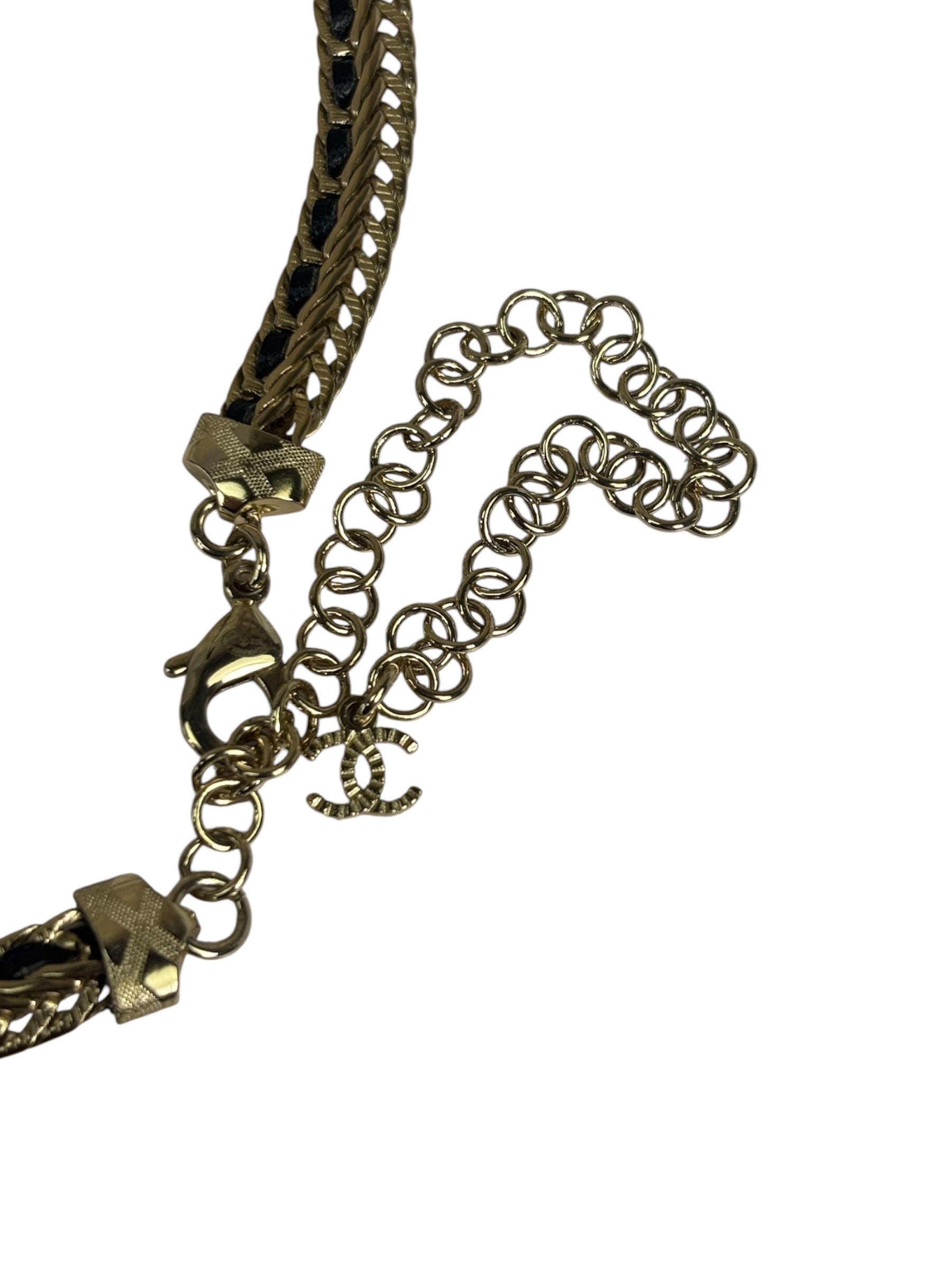 Chanel Black Leather Trim Gold-Tone Chain Choker 22S