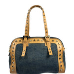 Fendi Blue/Brown Denim/Leather Trim Studded Shoulder Bag