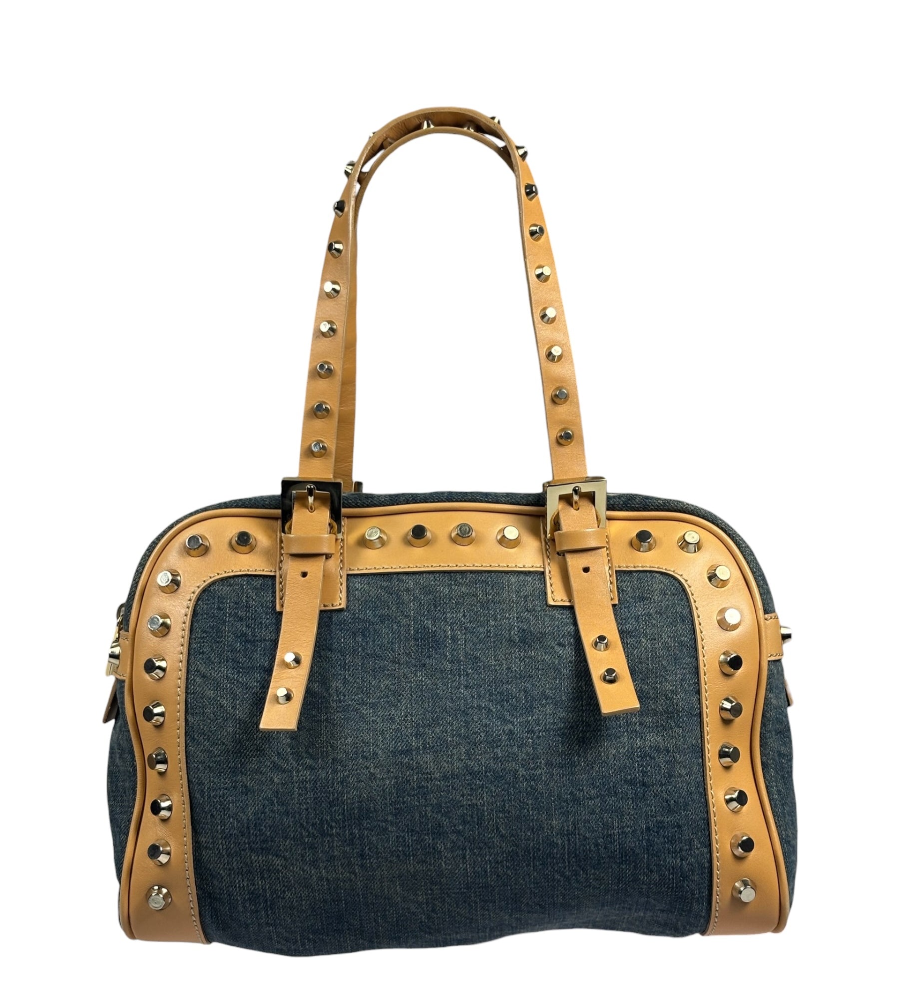 Fendi Blue/Brown Denim/Leather Trim Studded Shoulder Bag