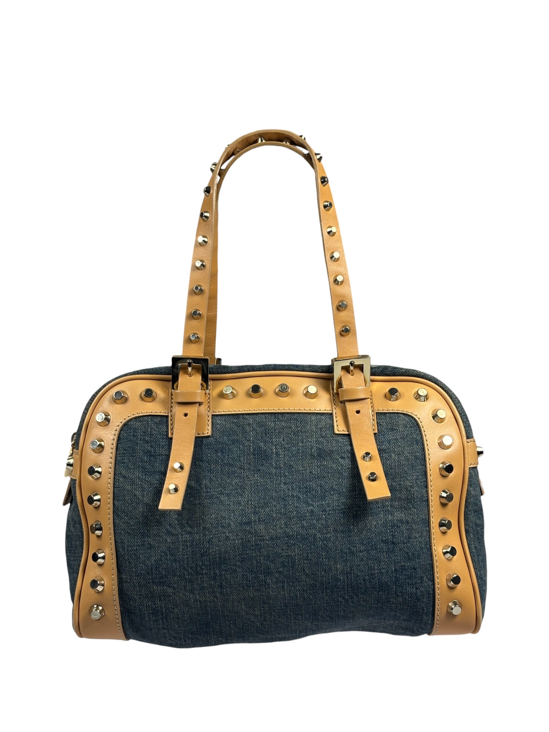Fendi Blue/Brown Denim/Leather Trim Studded Shoulder Bag