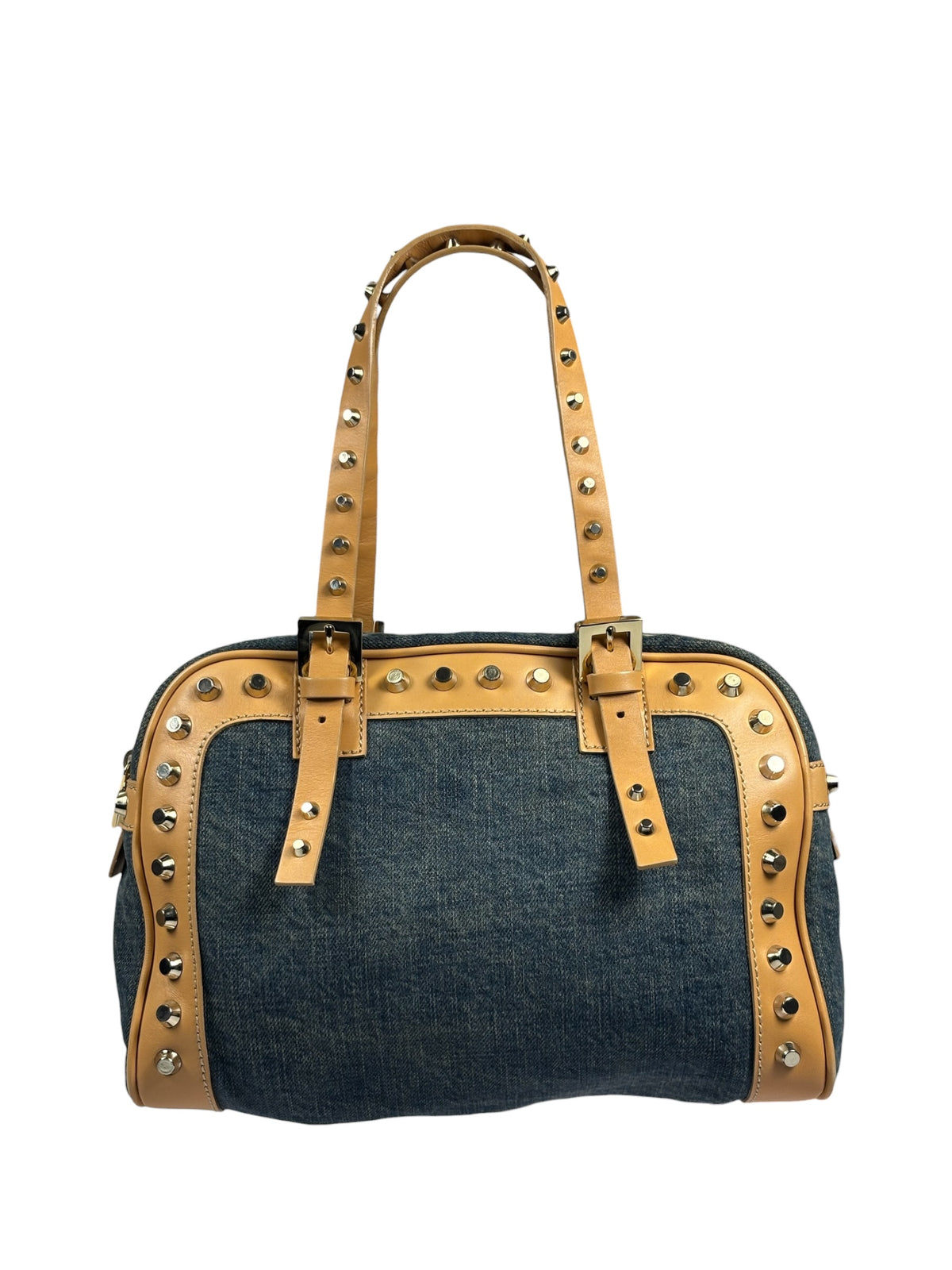 Fendi Blue/Brown Denim/Leather Trim Studded Shoulder Bag