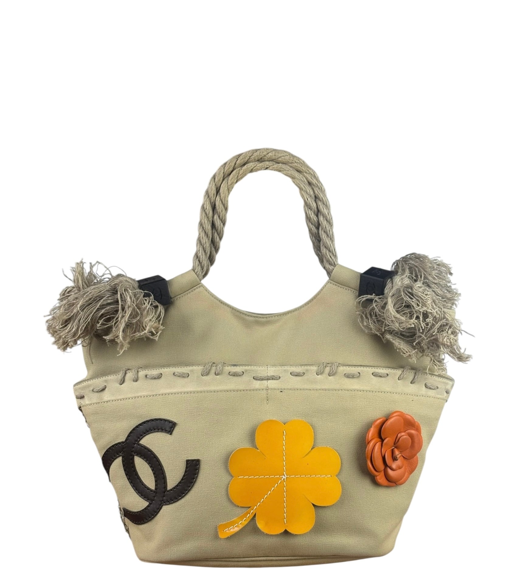 Chanel Vintage Beige Denim/Leather Trim Camellia Rope Tote