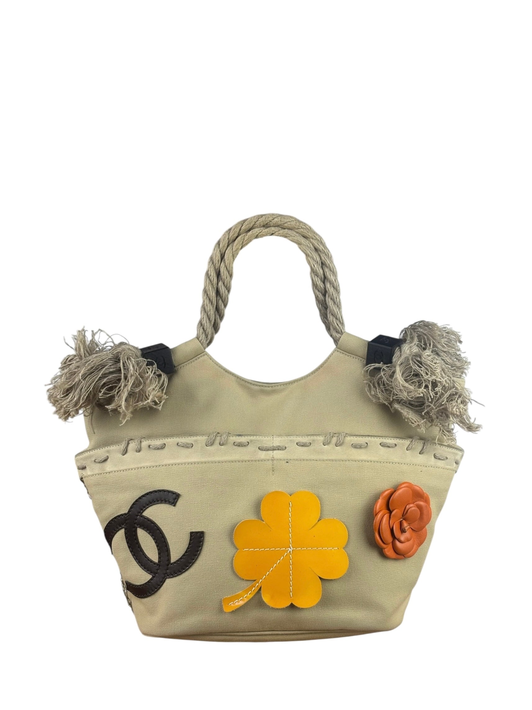 Chanel Vintage Beige Denim/Leather Trim Camellia Rope Tote