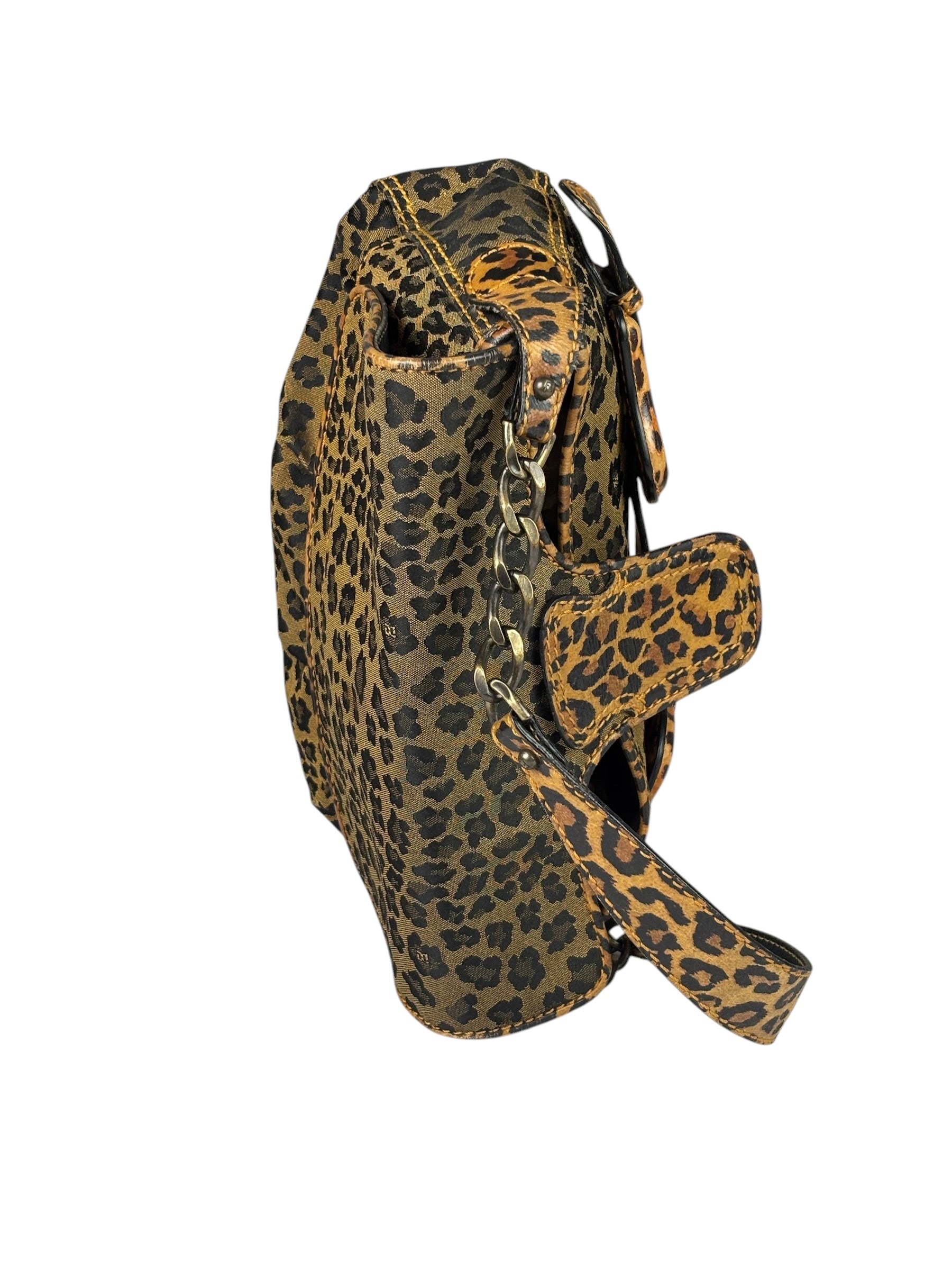 Fendi Brown Leather Trim Leopard Print Buckle Bag