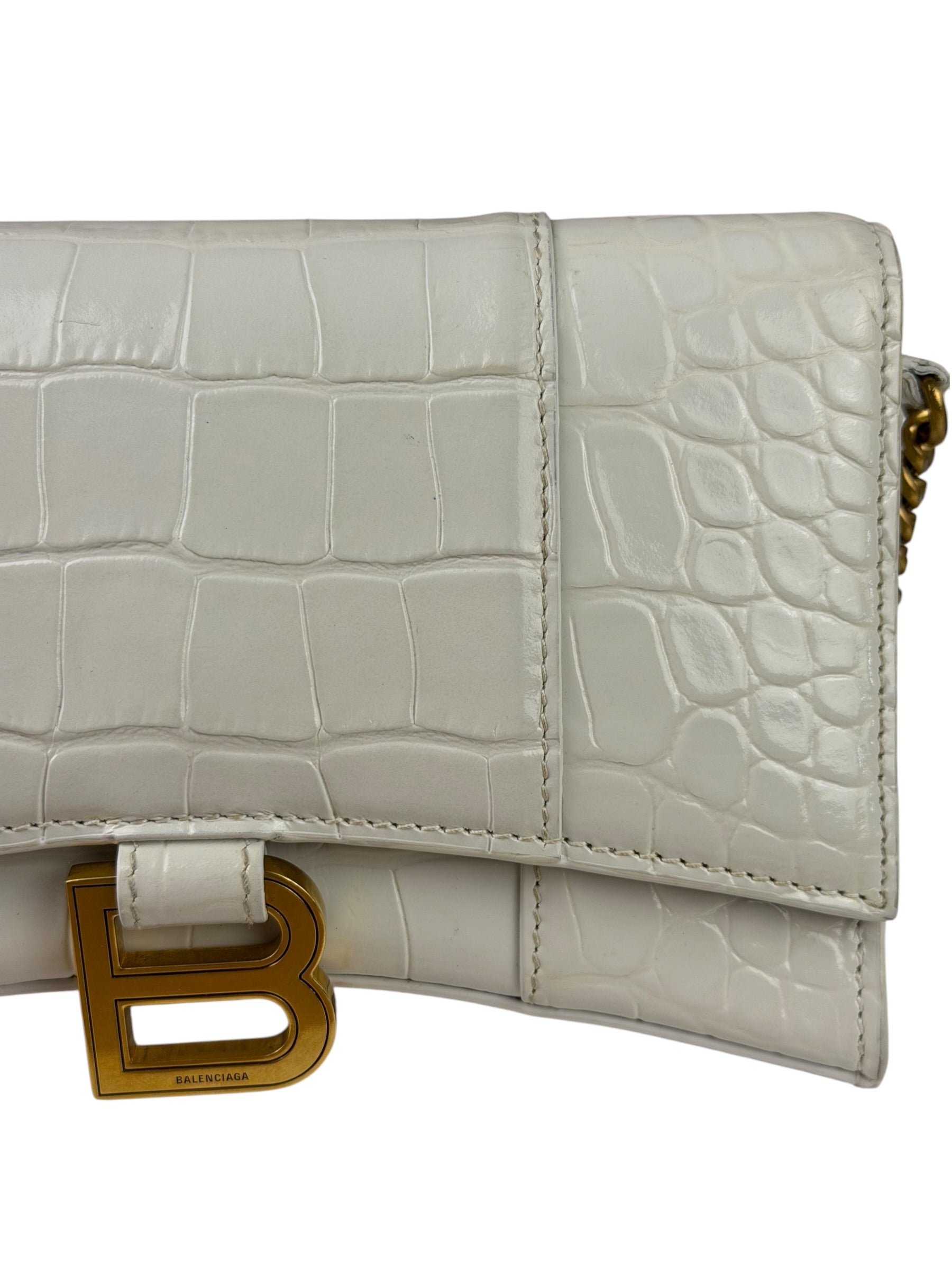Balenciaga White Crocodile Embossed Hourglass Wallet On Chain