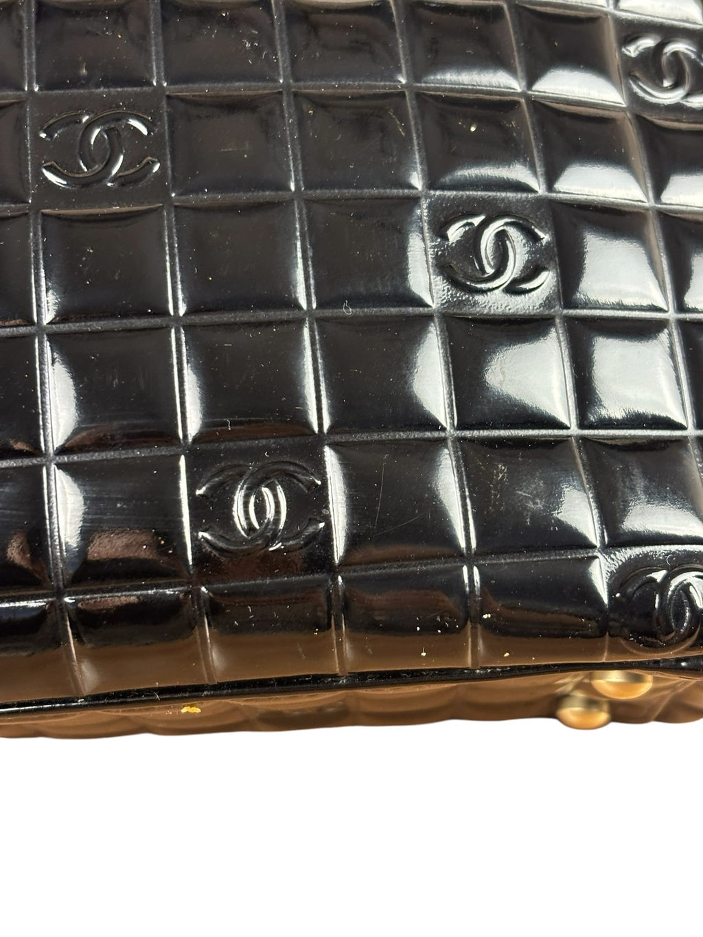 Chanel Black Patent Leather Chocolate Bar Tote Early 2000's