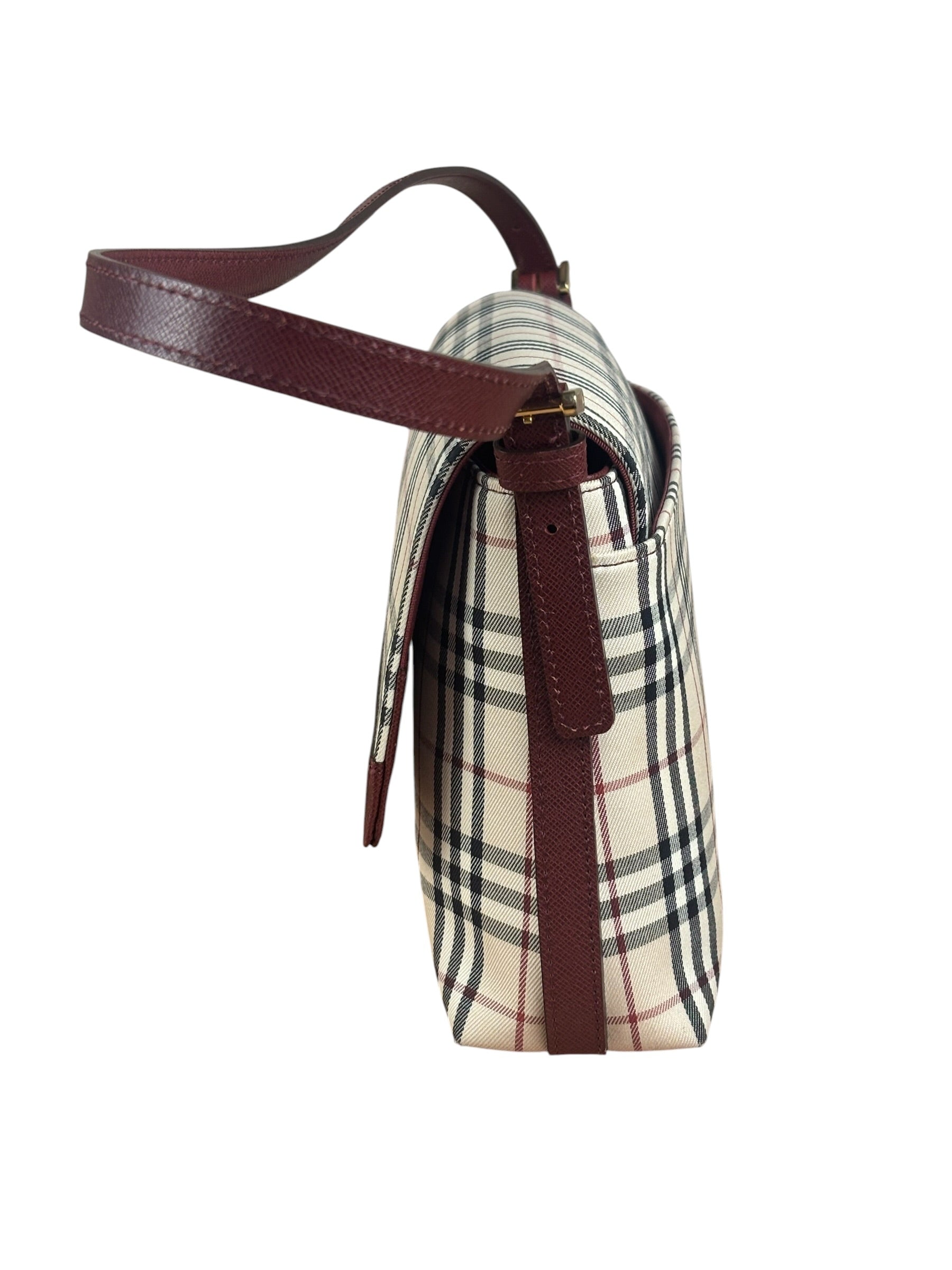 Burberry Burgundy Leather Trim House Check Shoulder Bag