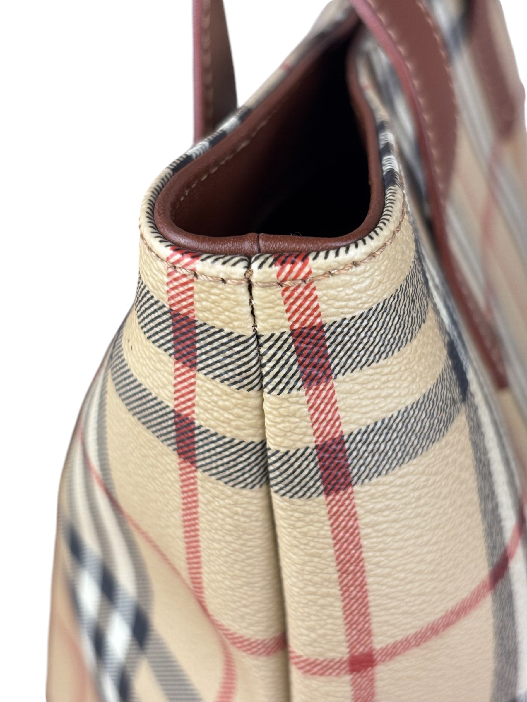 Burberry Vintage Brown Leather  Haymarket Canvas House Check Tote Bag