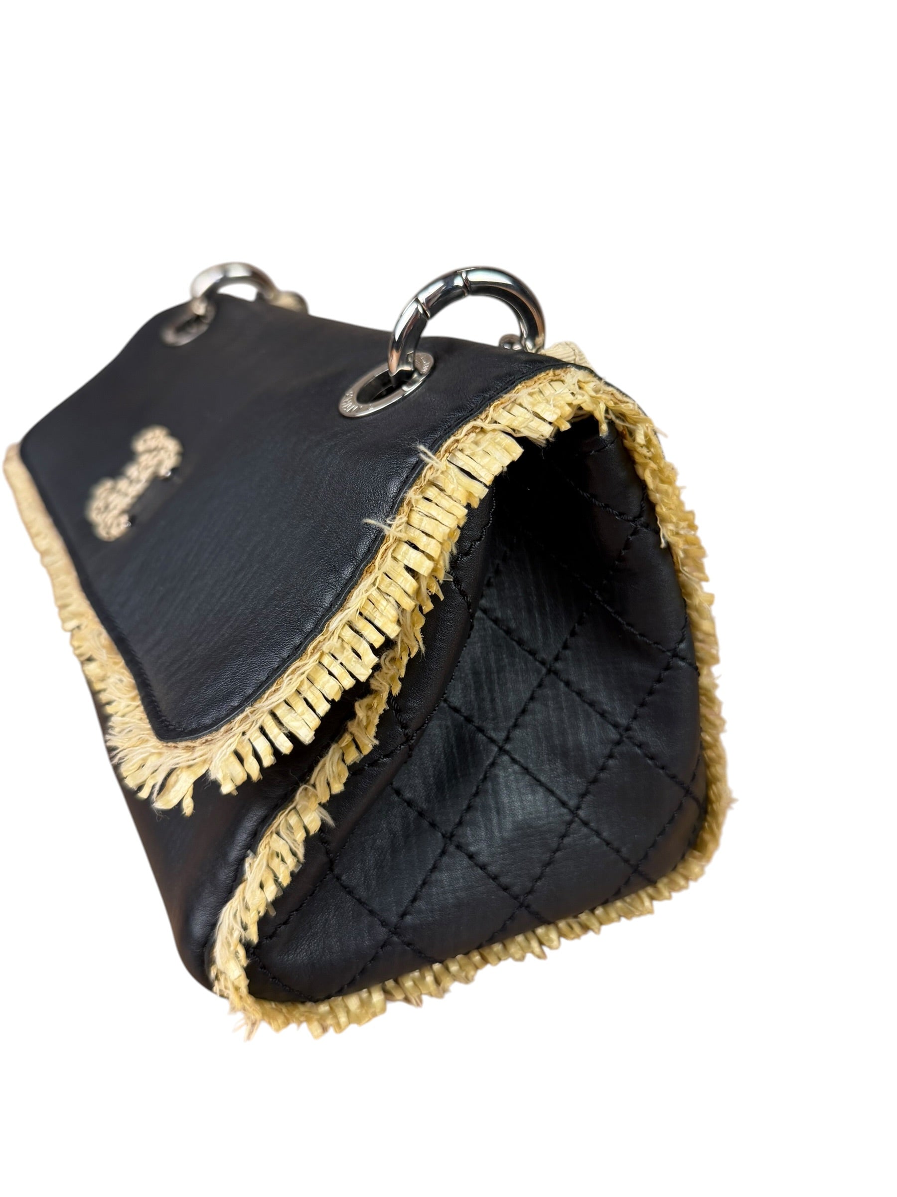 Chanel Black Leather Raffia Fringe CC Flap Shoulder Bag 2009