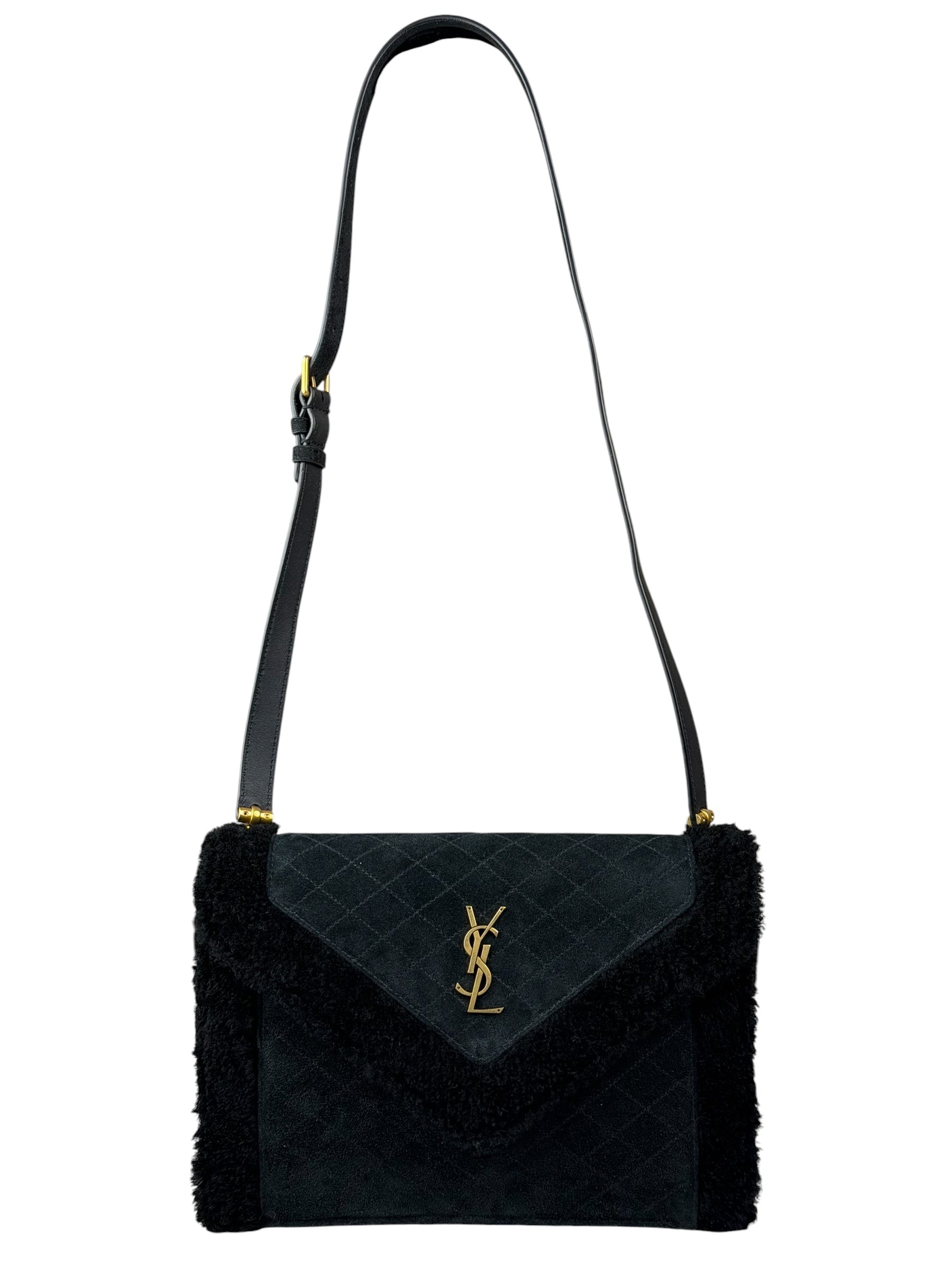 YSL Bicolor Quilted-Suede Shearling Gaby Shoulder Bag