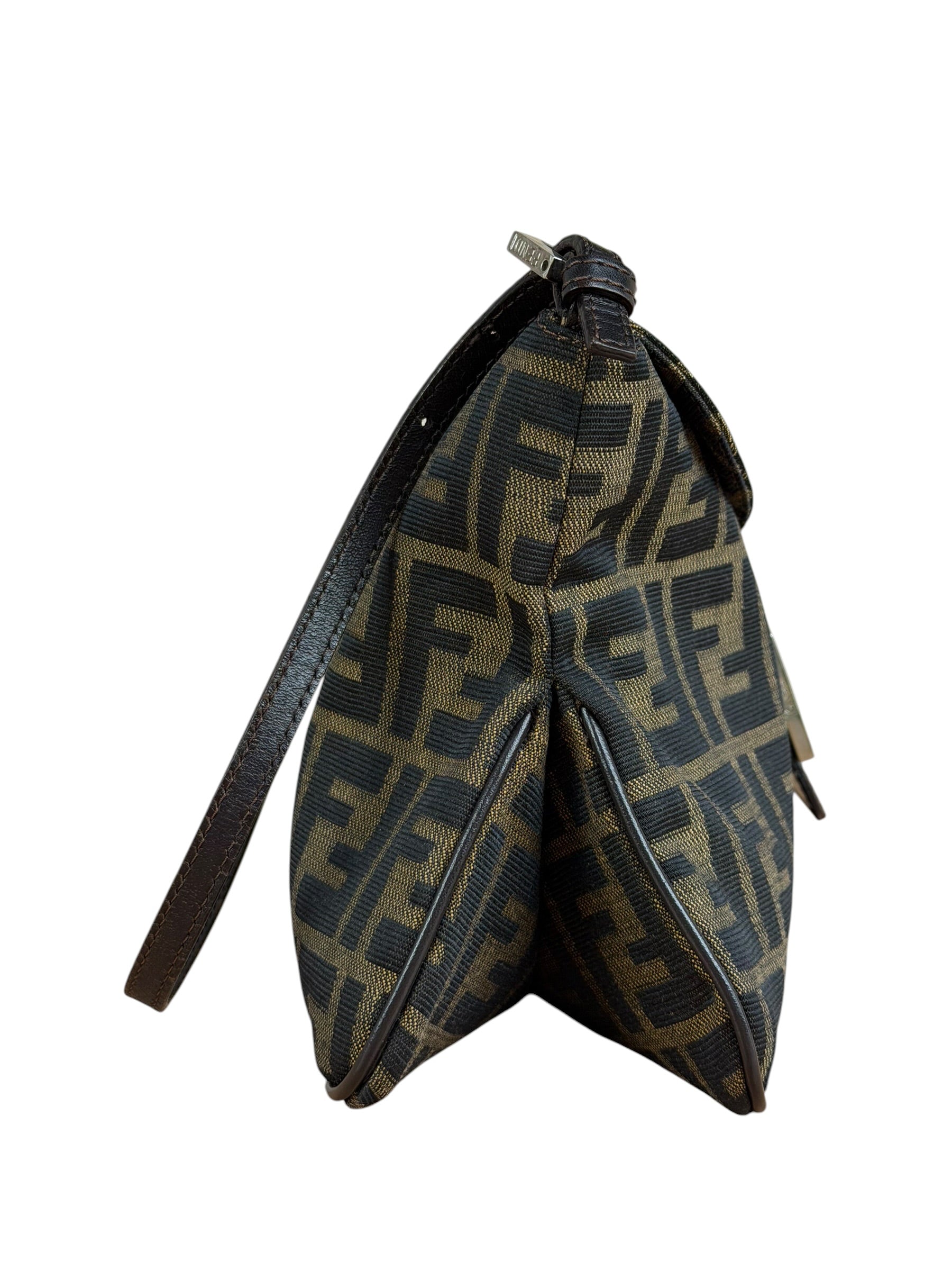 Fendi Brown Leather Trim Zucca FF Monogram Baguette