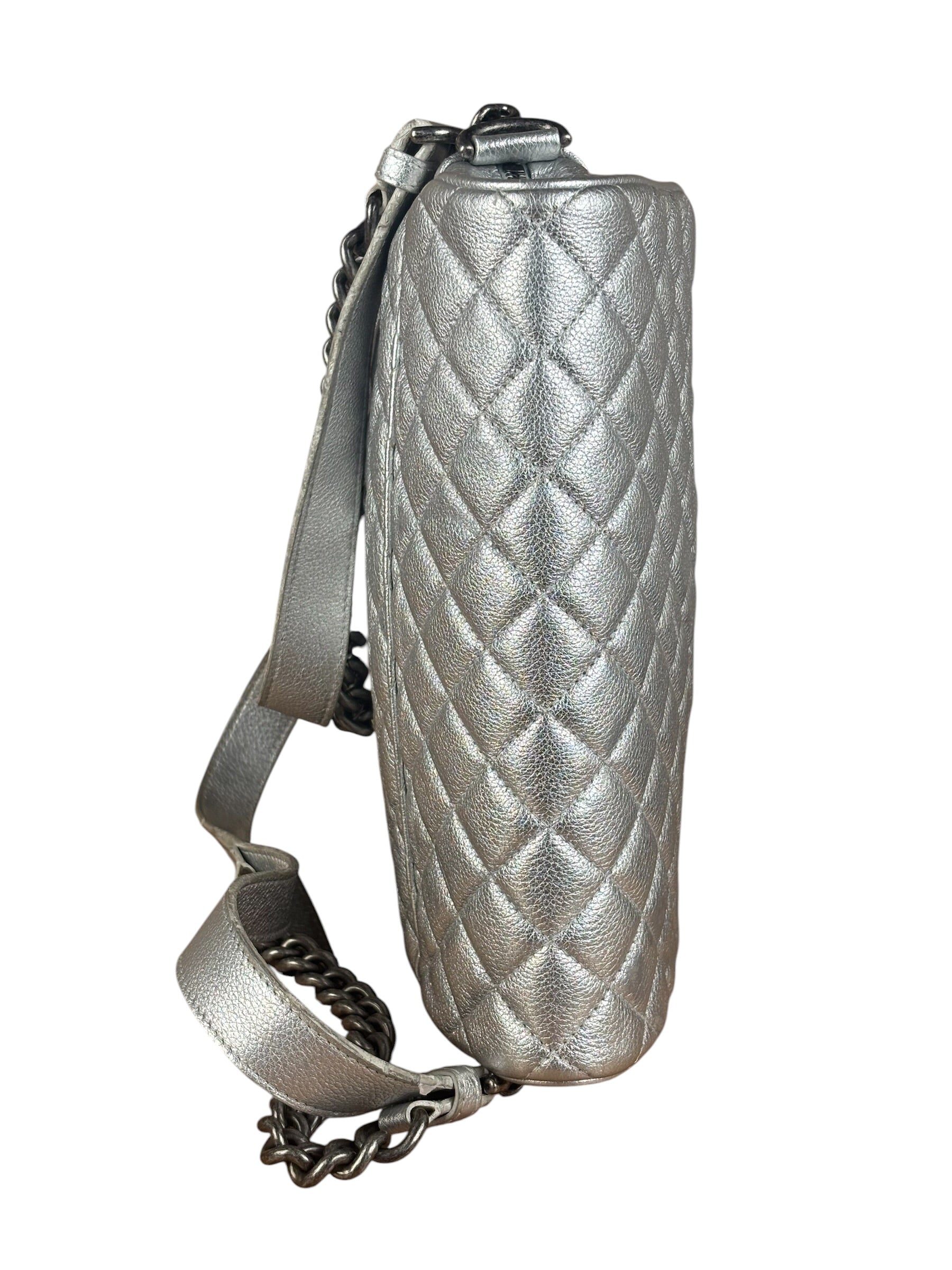 Chanel CC Silver Metallic Quilted Flap Shoulder Bag 2017