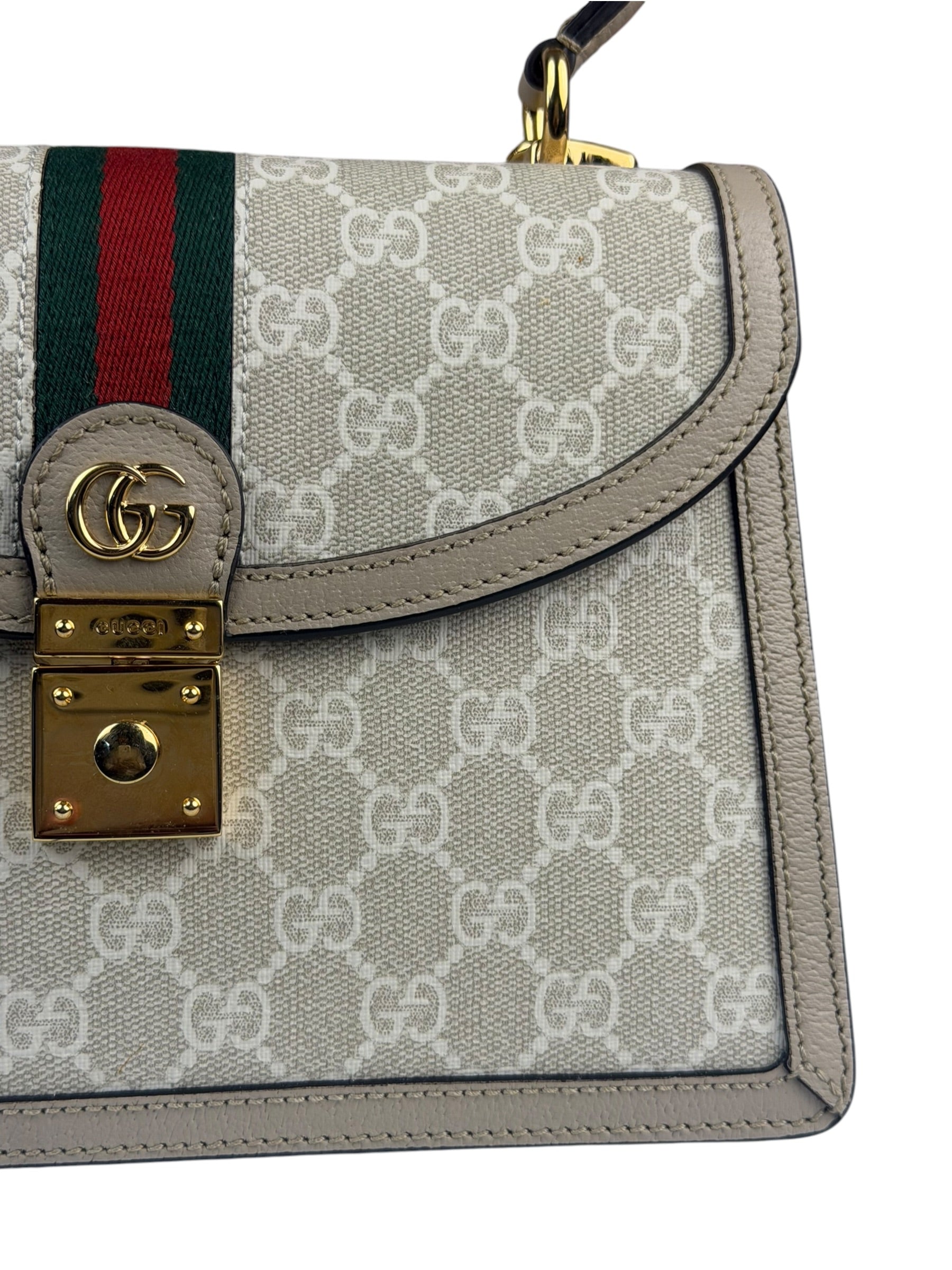 Gucci Beige Leather Trim Medium Ophidia Top Handle Bag
