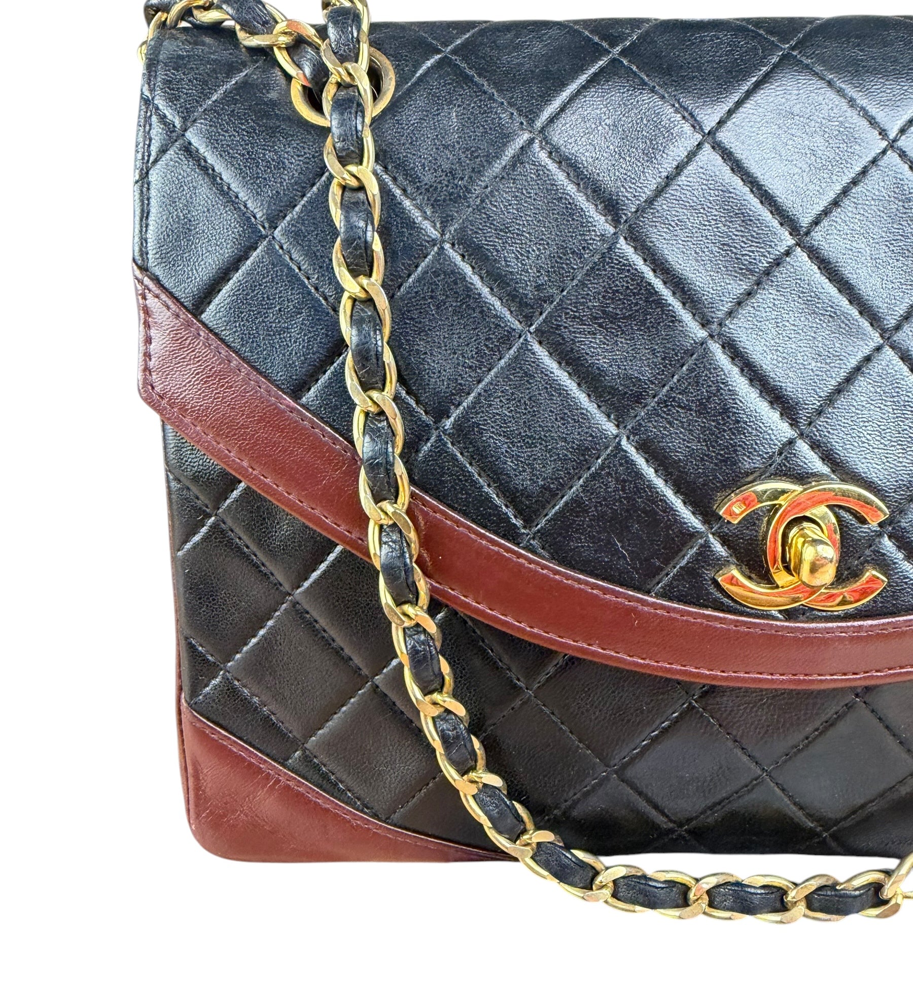 Chanel Vintage Bicolor Leather Round Curved Half Moon Flap Bag