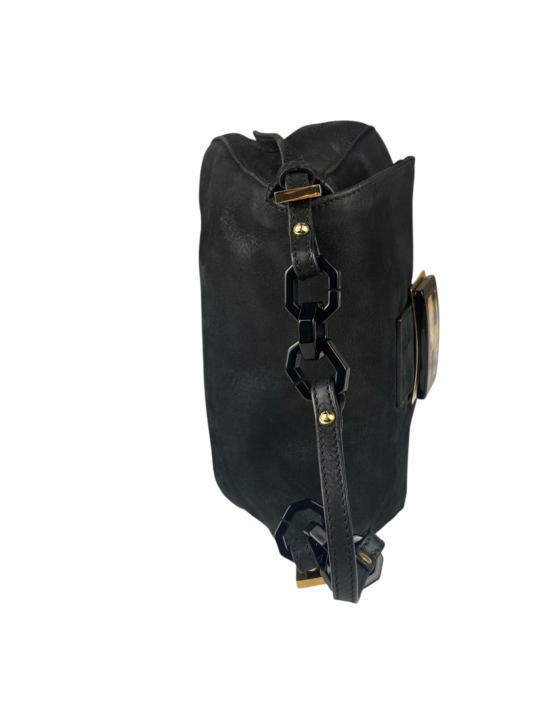 Fendi Shiny Black Suede Small Baguette