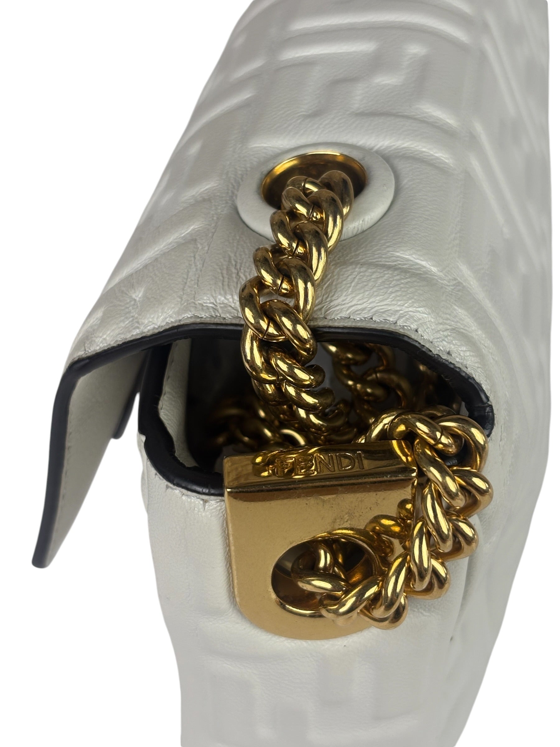 Fendi White Leather FF Flap Baguette