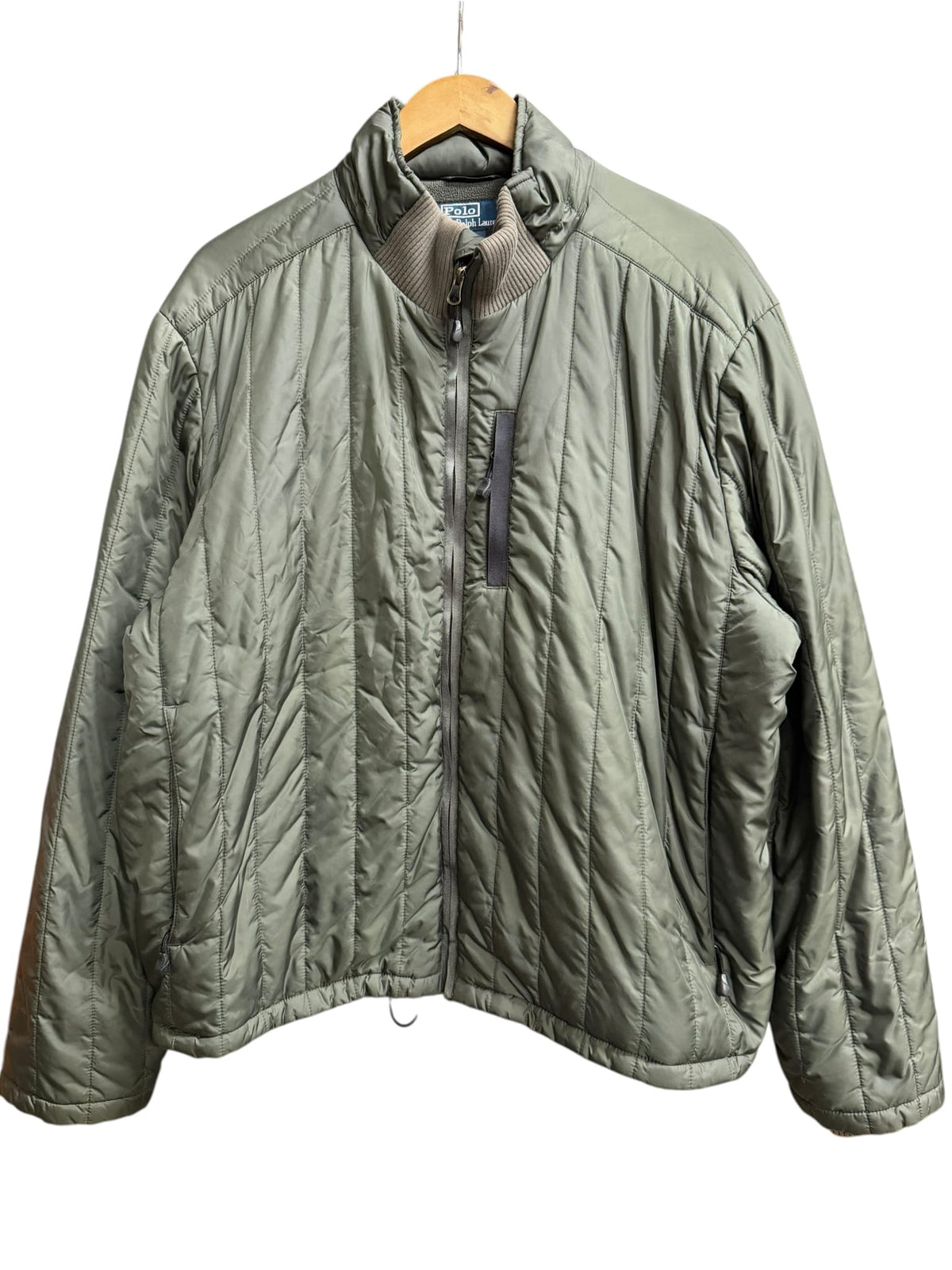 Vintage Ralph Lauren Olive Vertical Puffer Jacket (Collar Hoodie)