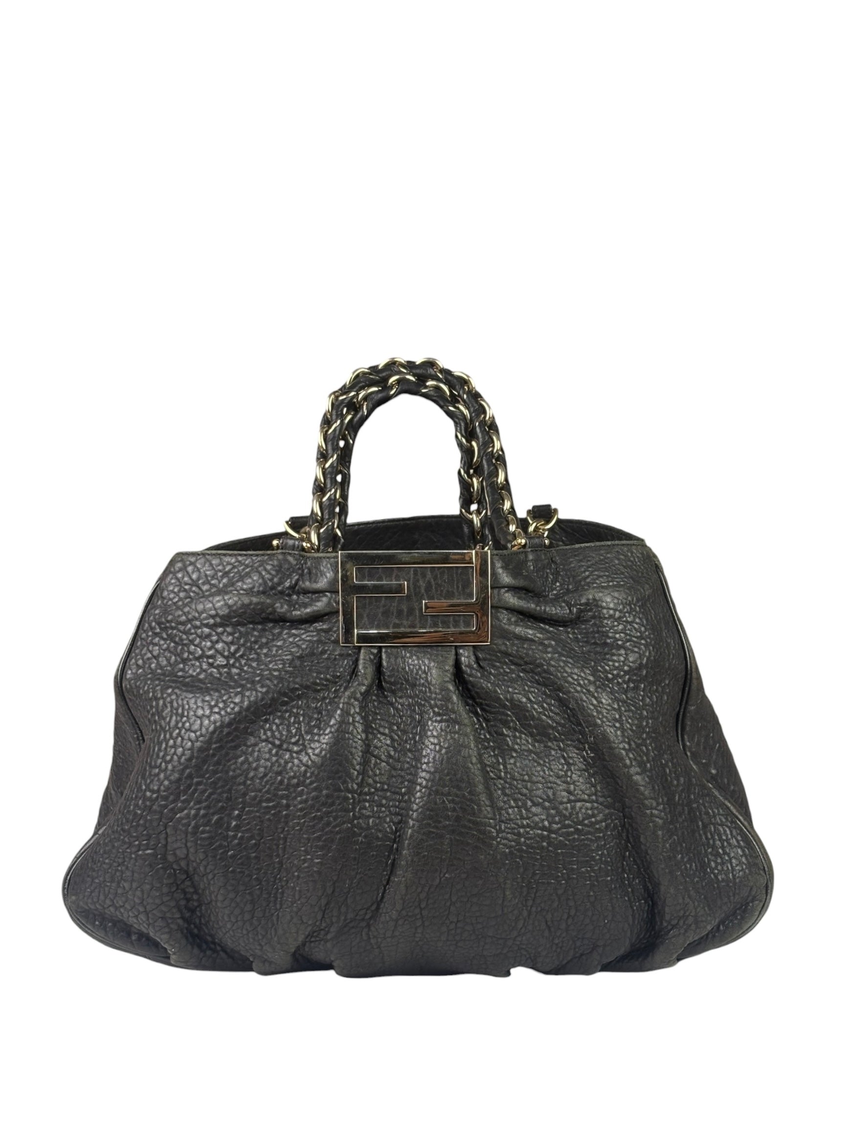 Fendi Vintage Black Leather Mia Chain Tote