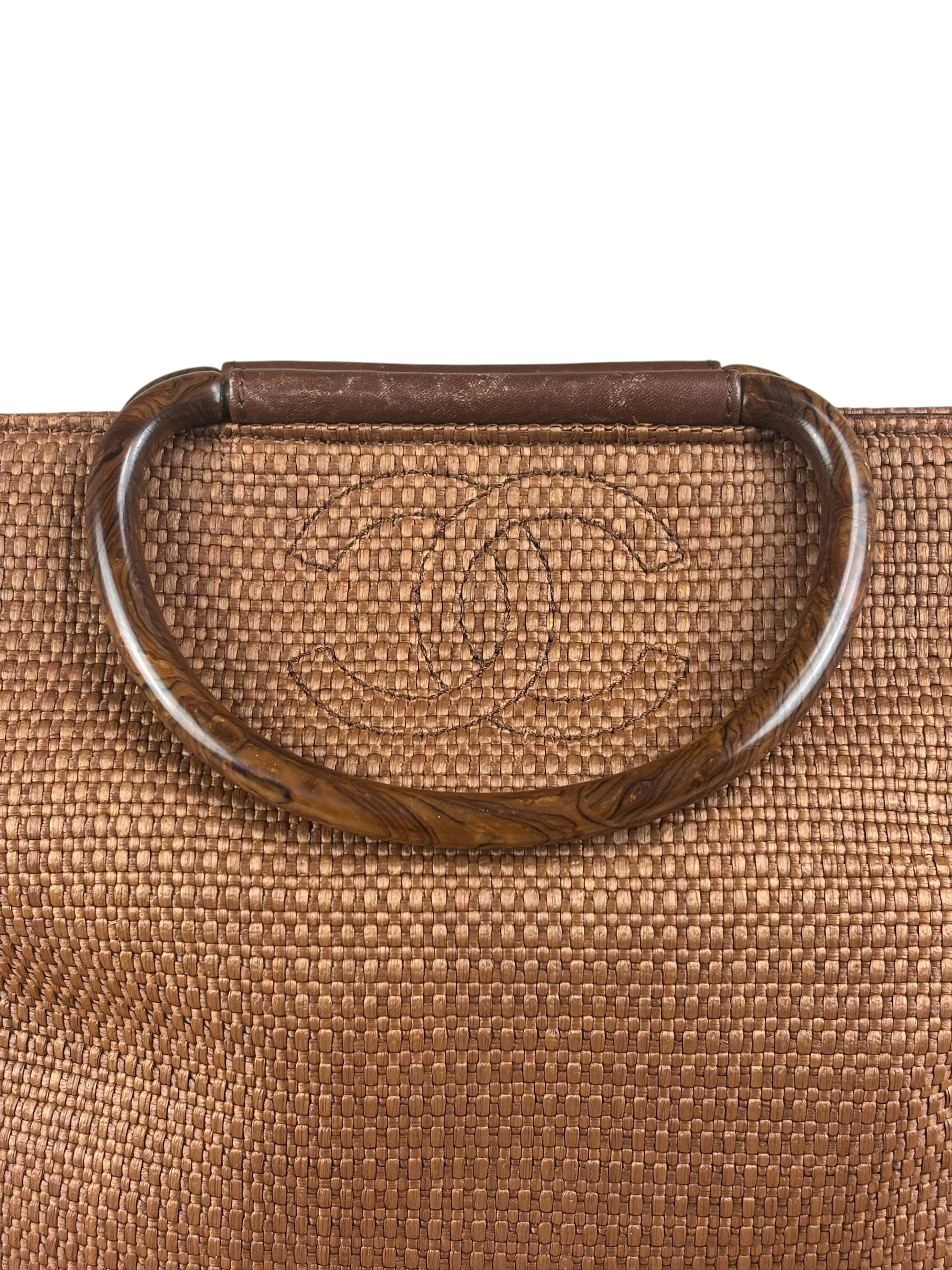 Chanel Vintage Brown Woven Straw Raffia Wooden Top Handle Handbag 2001