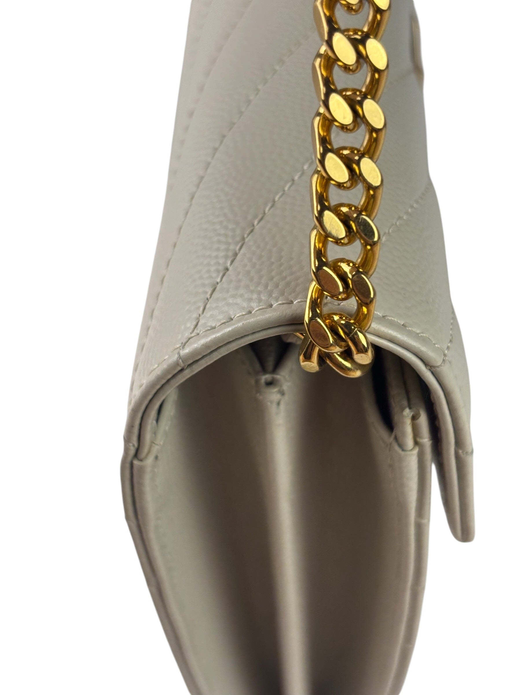 YSL Cream Pebbled Leather Cassandre Envelope Small Wallet On Chain