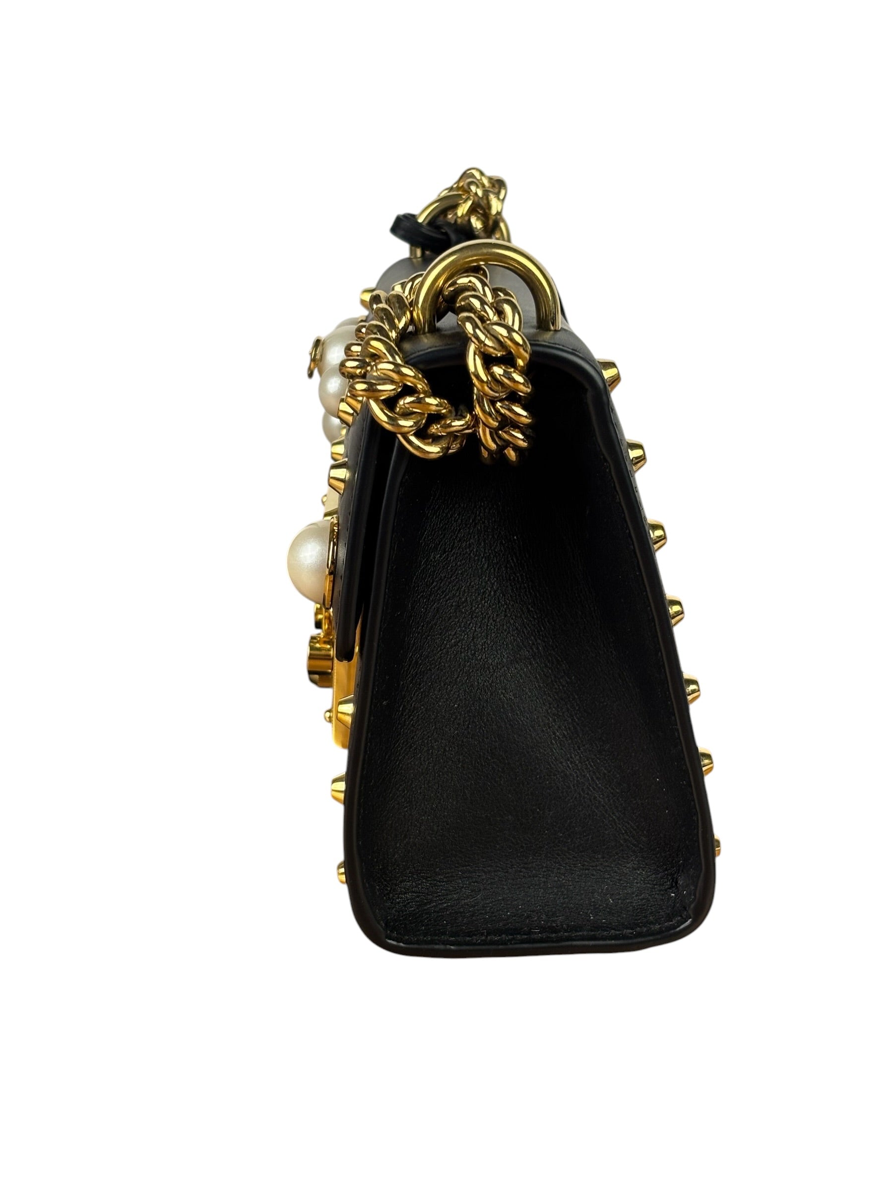 Gucci Small Pearl Studded Leather Padlock Crossbody Black