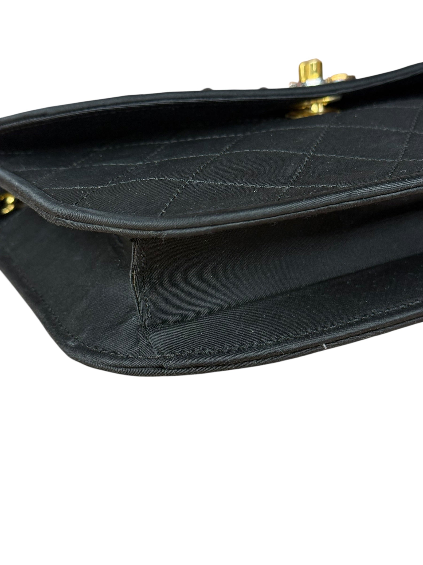 Chanel Vintage CC Black Satin Half-Moon Flap Bag 1991