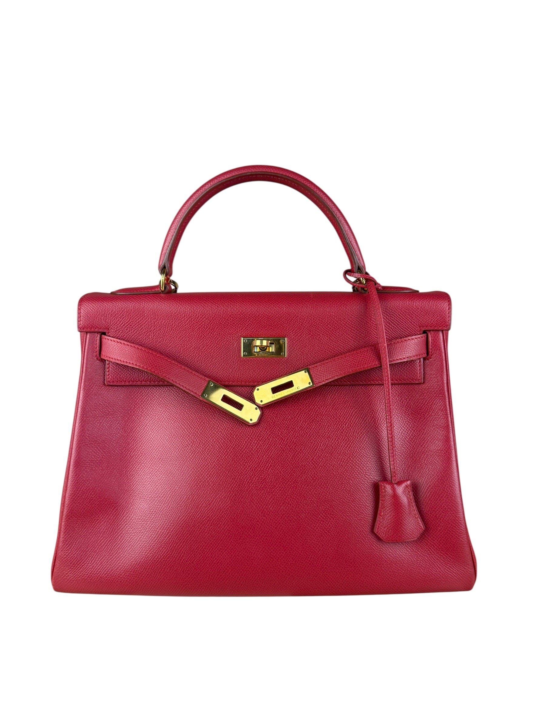 Hermes Kelly 32 Courchevel Rouge Vif Gold Handbag 1997