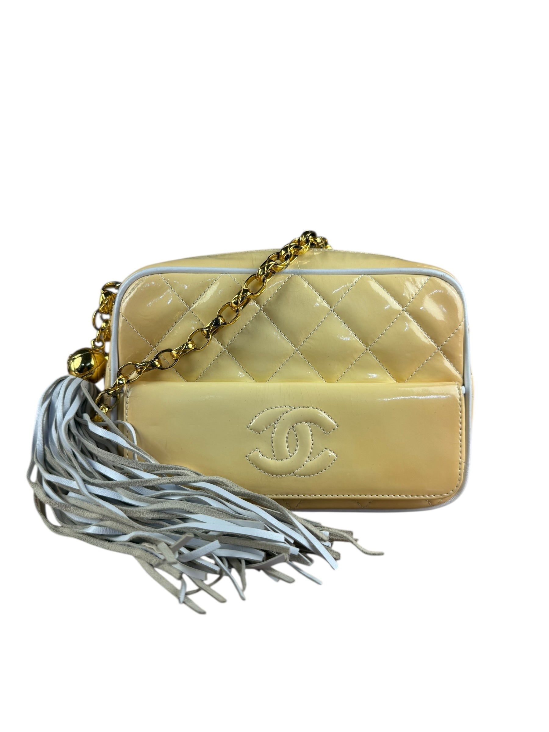 Chanel CC Patent Quilted Yellow Camera Bag 1991