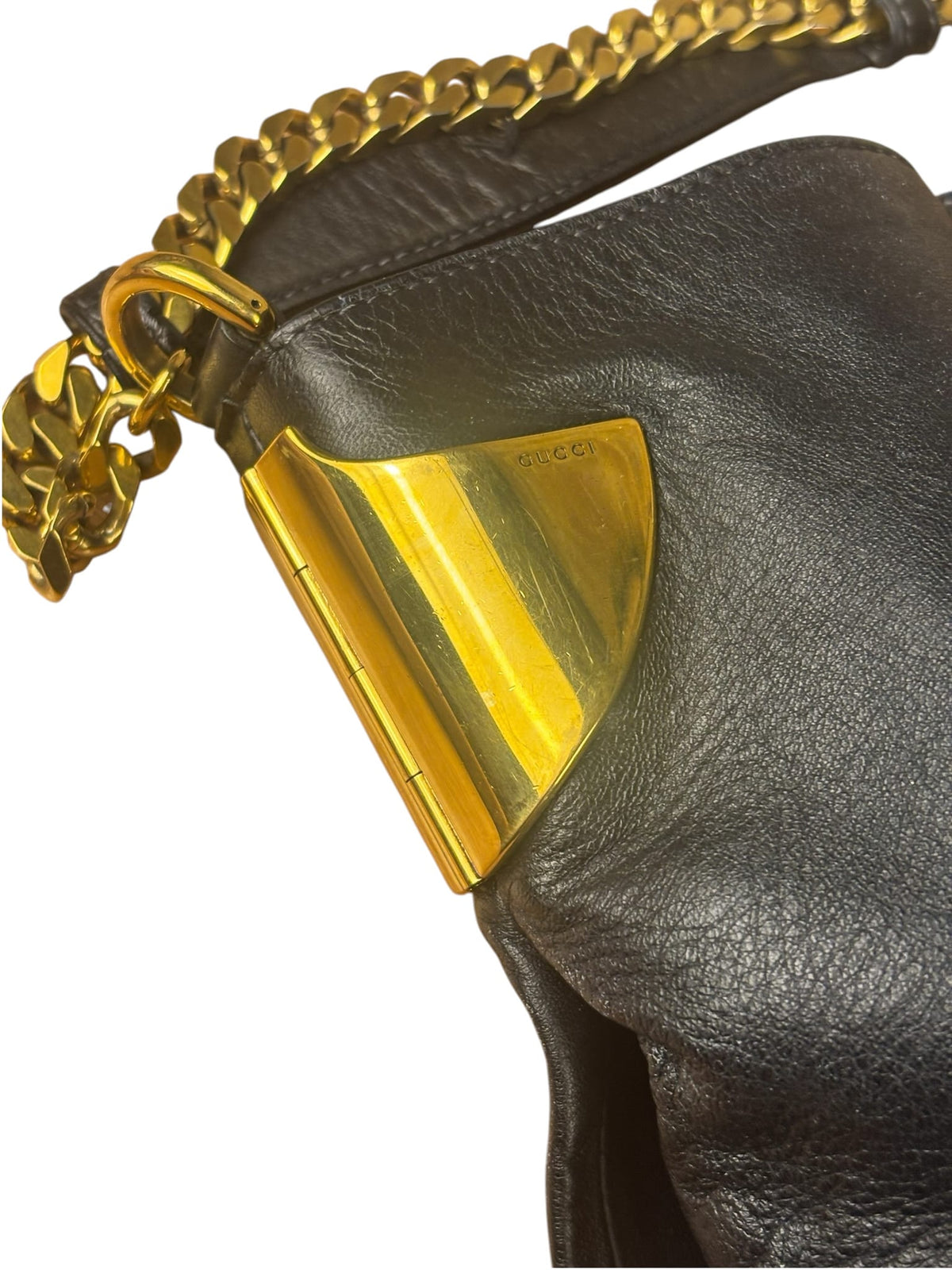 Gucci Black Leather 1970 Chain Hobo Bag