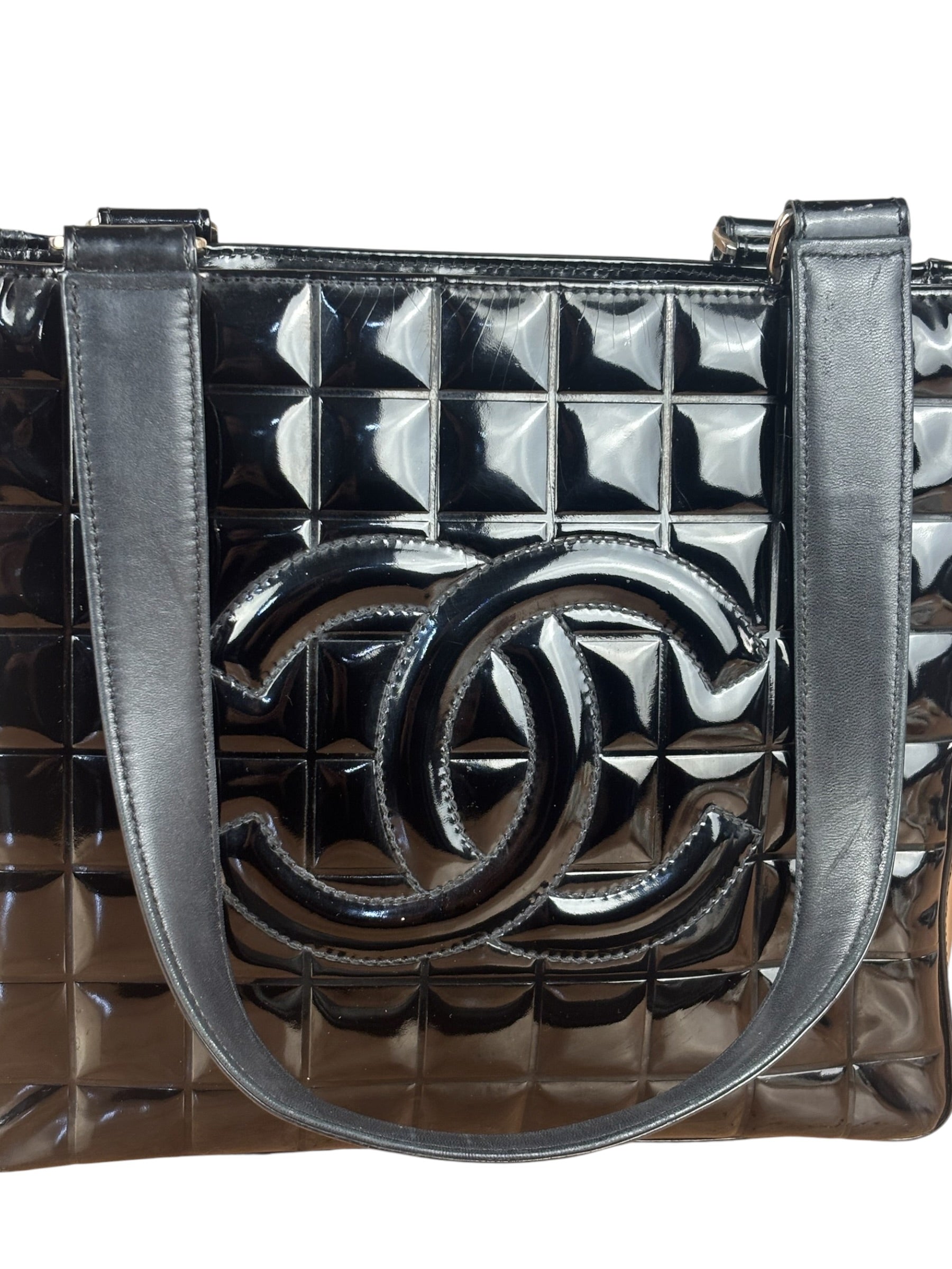 Chanel Vintage Black Patent Leather Chocolate Bar Tote Bag 2002