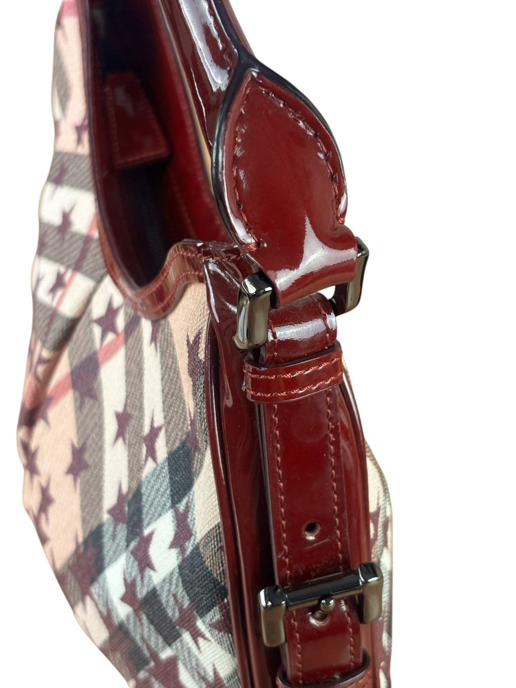 Burberry Berry Red Patent Trim Super Nova Stars Small Hernville Hobo Bag