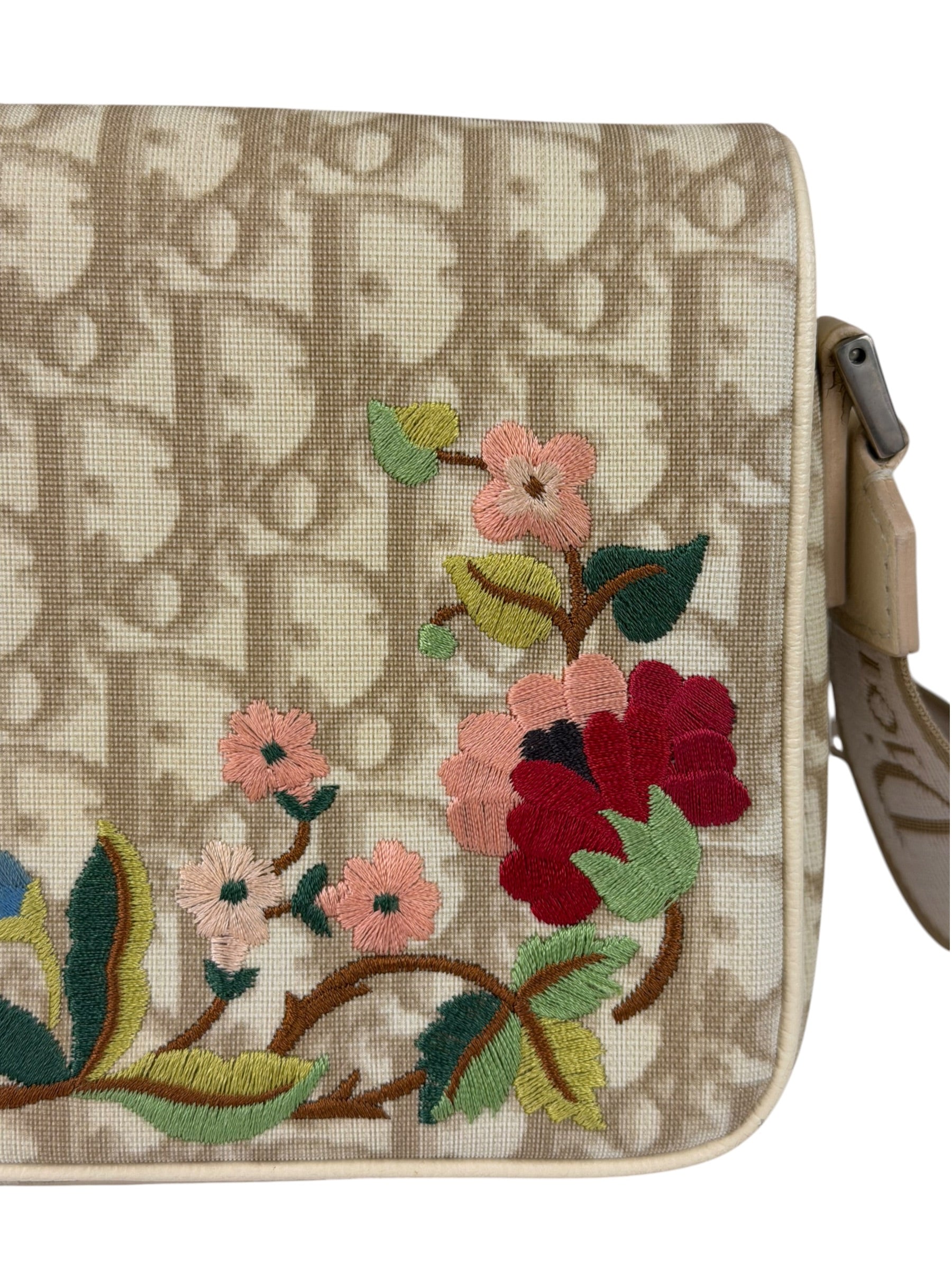 Christian Dior Beige Leather Trim Trotter Floral Embroidered Flap Bag
