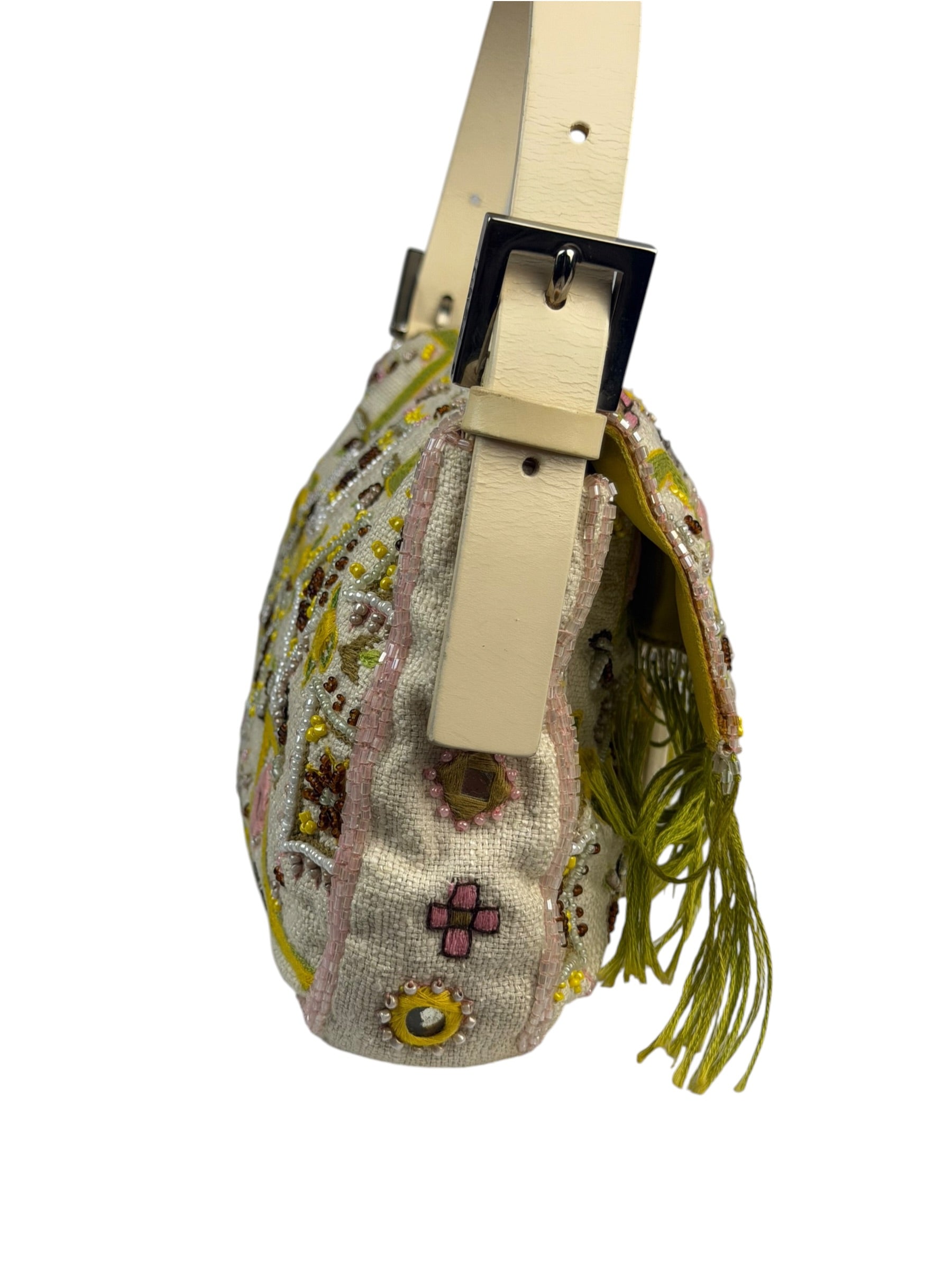 Fendi Cream Leather Trim Beaded Baguette