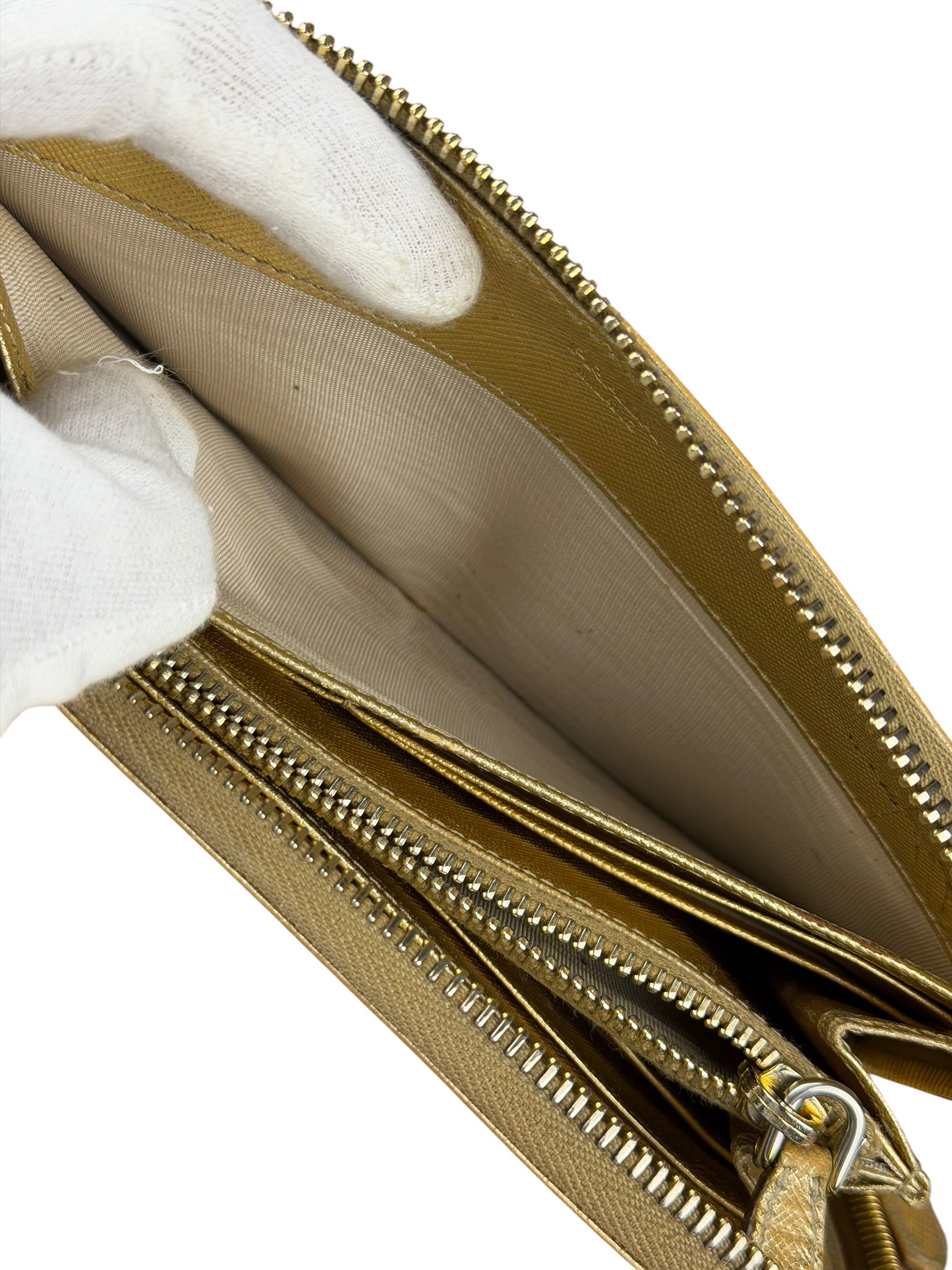 Prada Metallic Gold Saffiano Leather Zip-Around Wallet