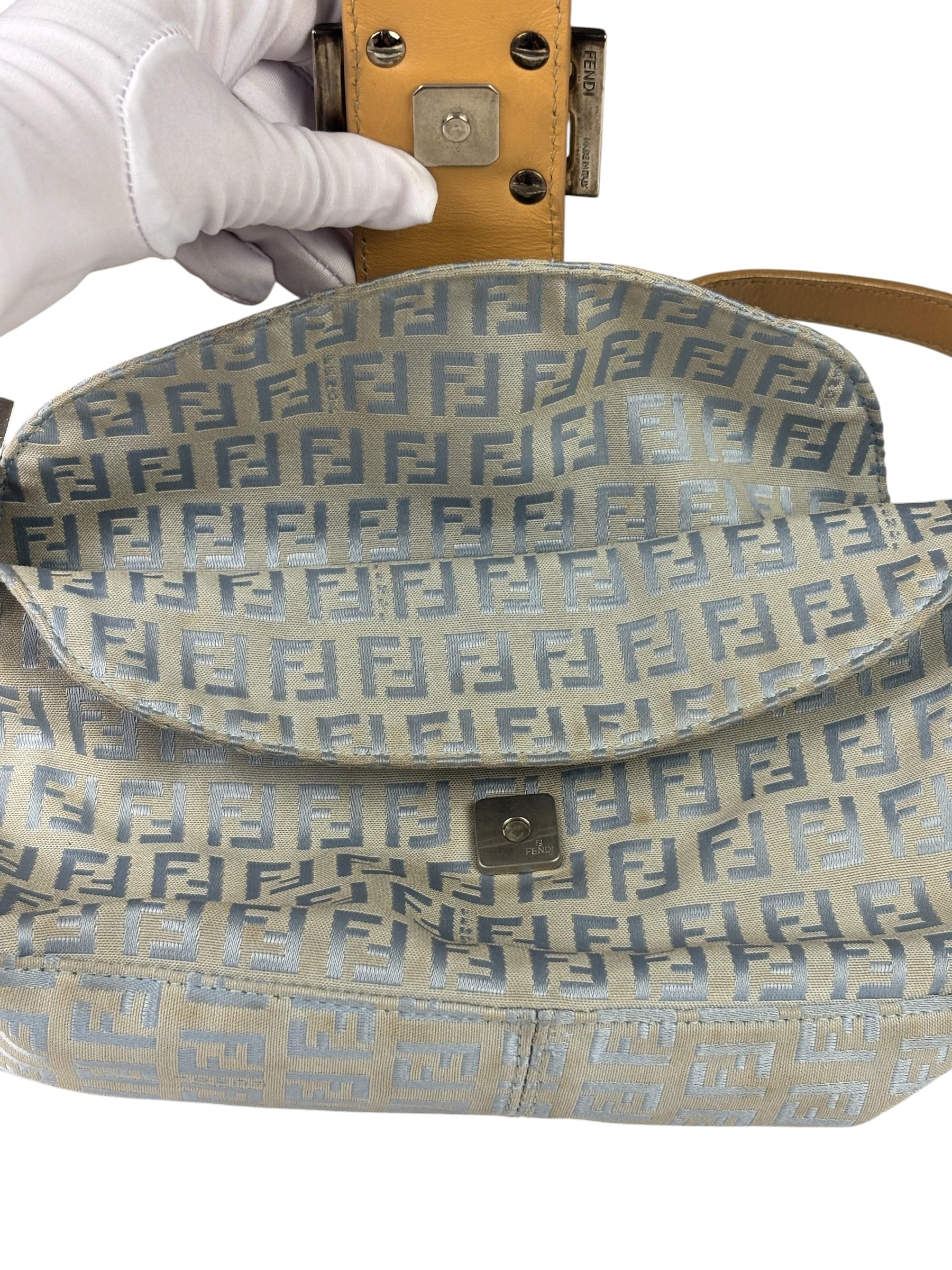 Fendi Leather Light Blue Trim Zucca Baguette