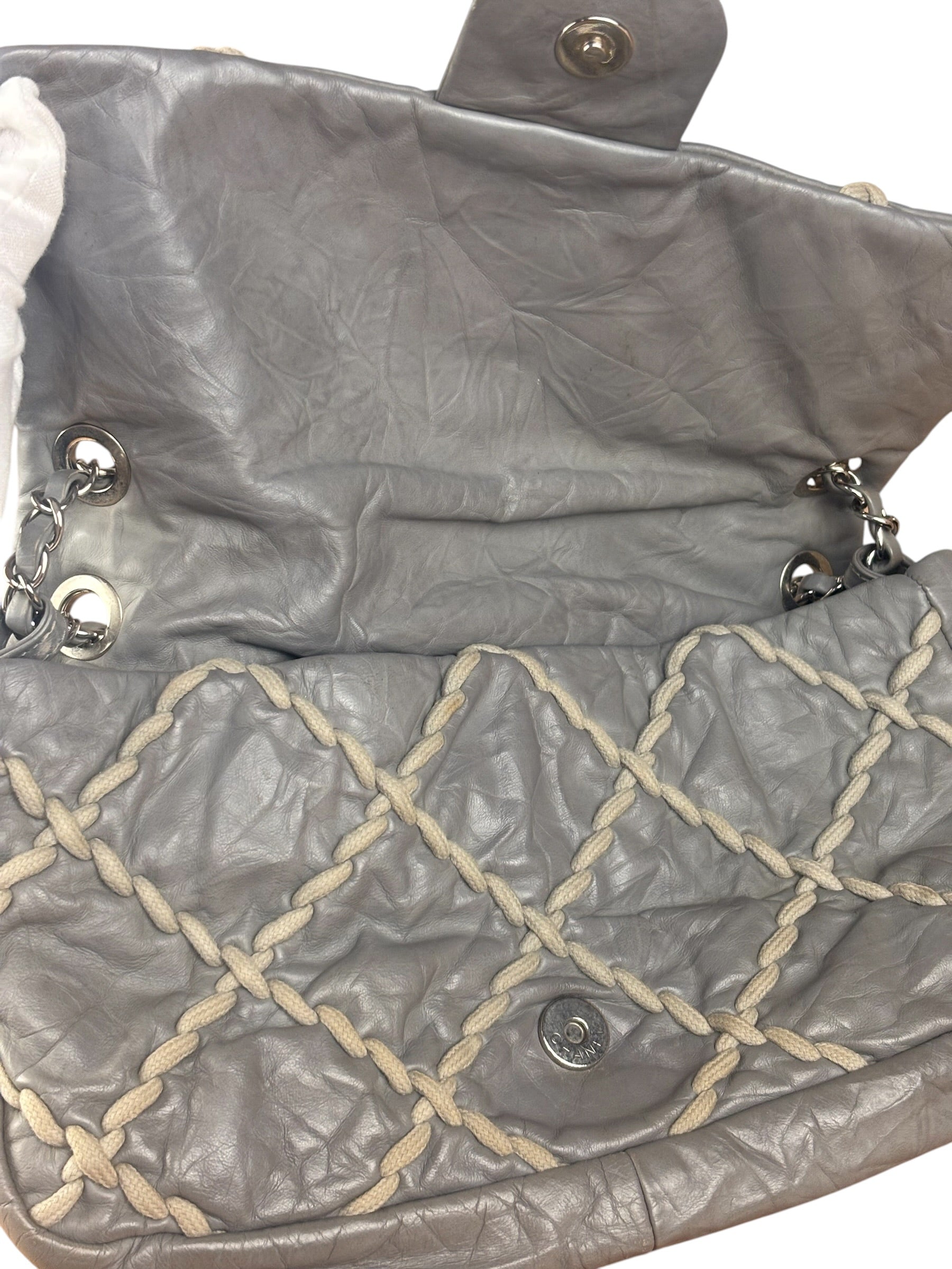 Chanel Grey Leather Ultra Stitch Classic Flap Shoulder Bag 1990