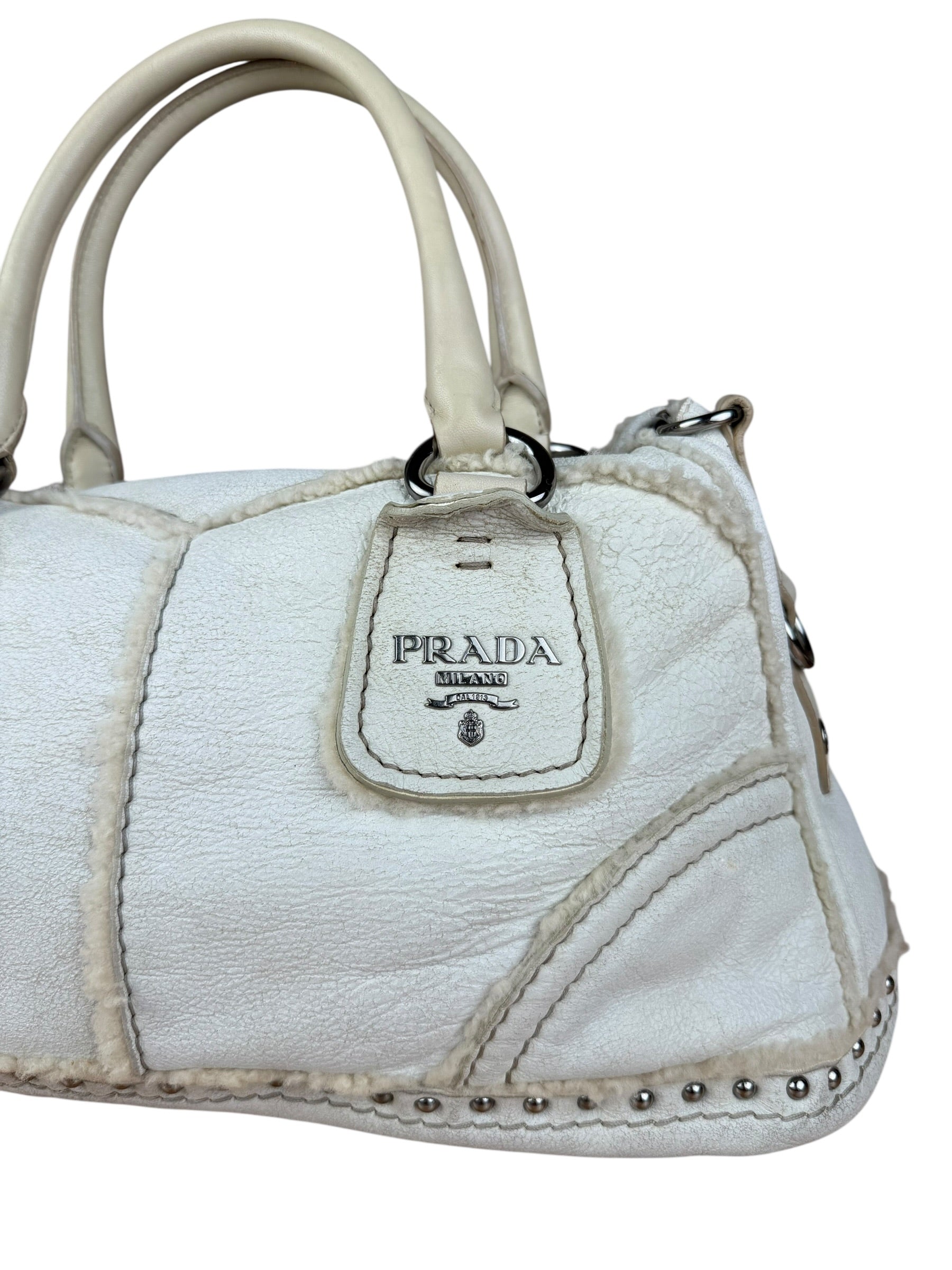 Prada Vintage White Studded Leather Shearling Bowler 2Way Bag