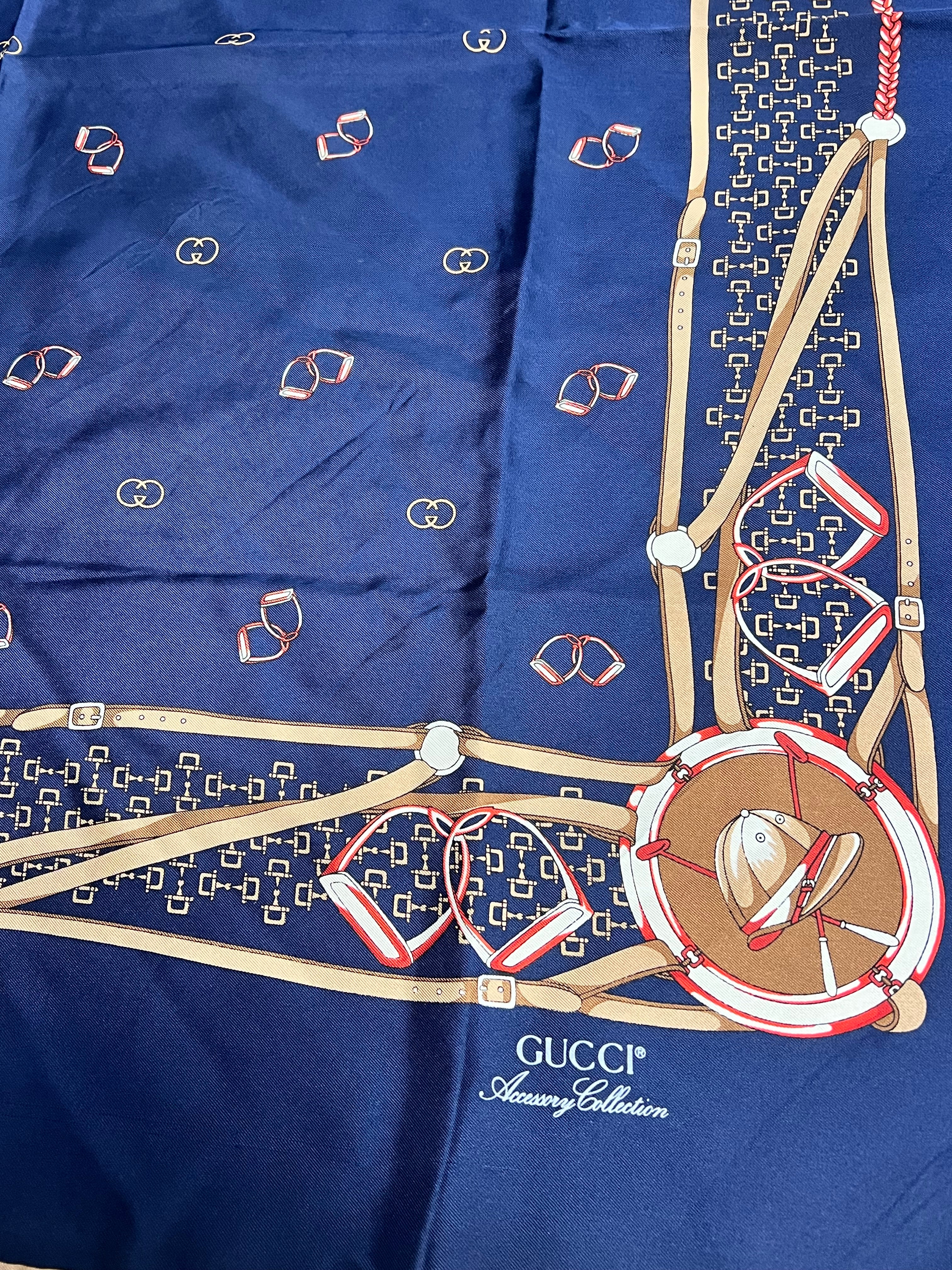 Gucci Navy Horseshoe Silk Scarf