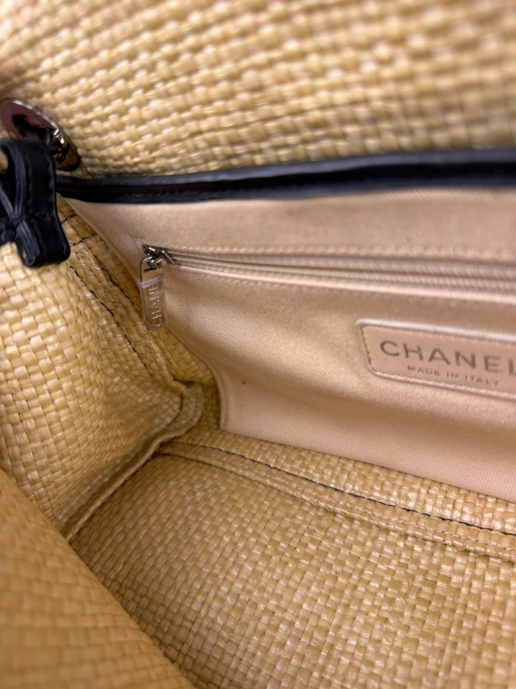 Chanel Black Leather Raffia Fringe CC Flap Shoulder Bag 2009