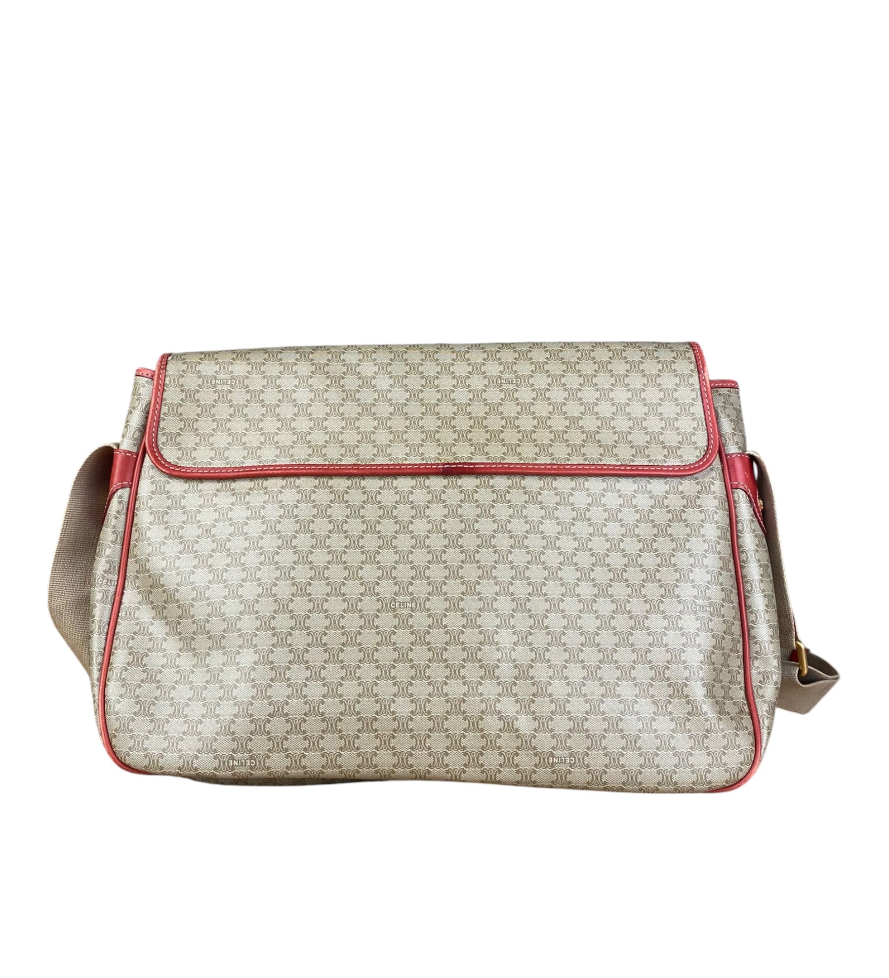 Celine Vintage Macadam Print Red Lined Flap Messenger Bag