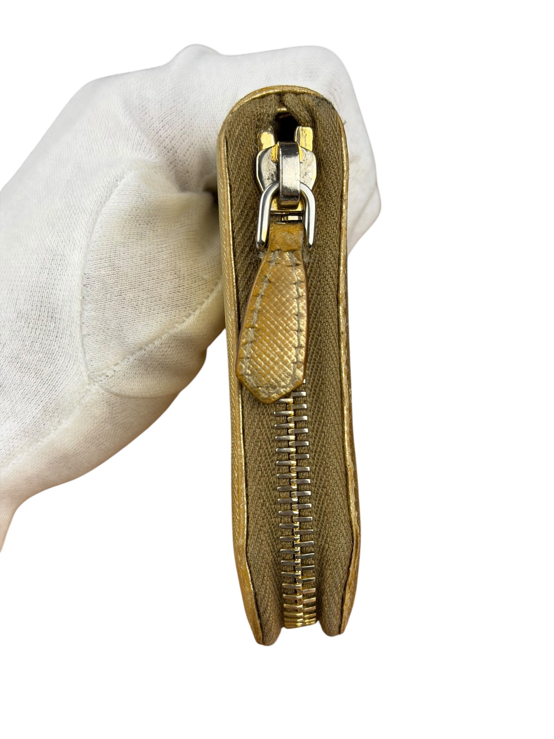 Prada Metallic Gold Saffiano Leather Zip-Around Wallet